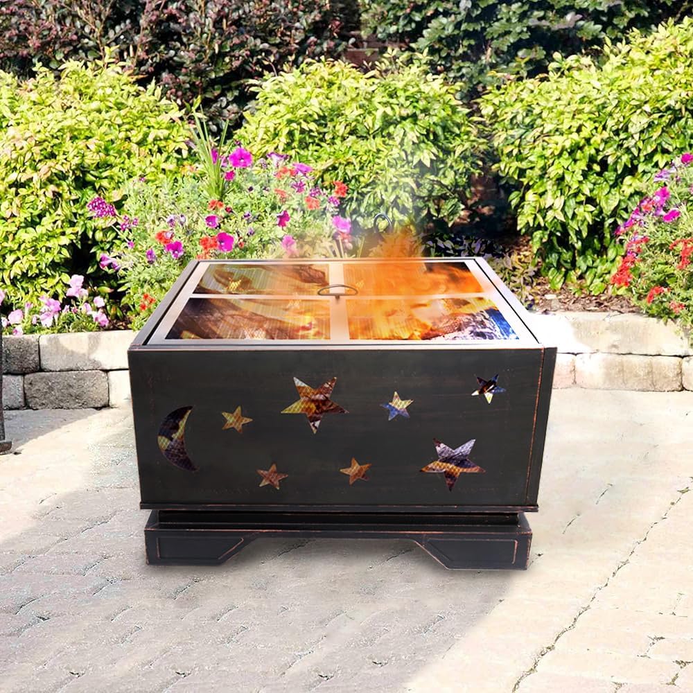 26 Inch Square Fire Pit with BBQ Grill, Outdoor Wood Burning Firepit with Poker, Large Burning Space Fireplace for Patio Garden Camping Backyard Picnic Bonfire