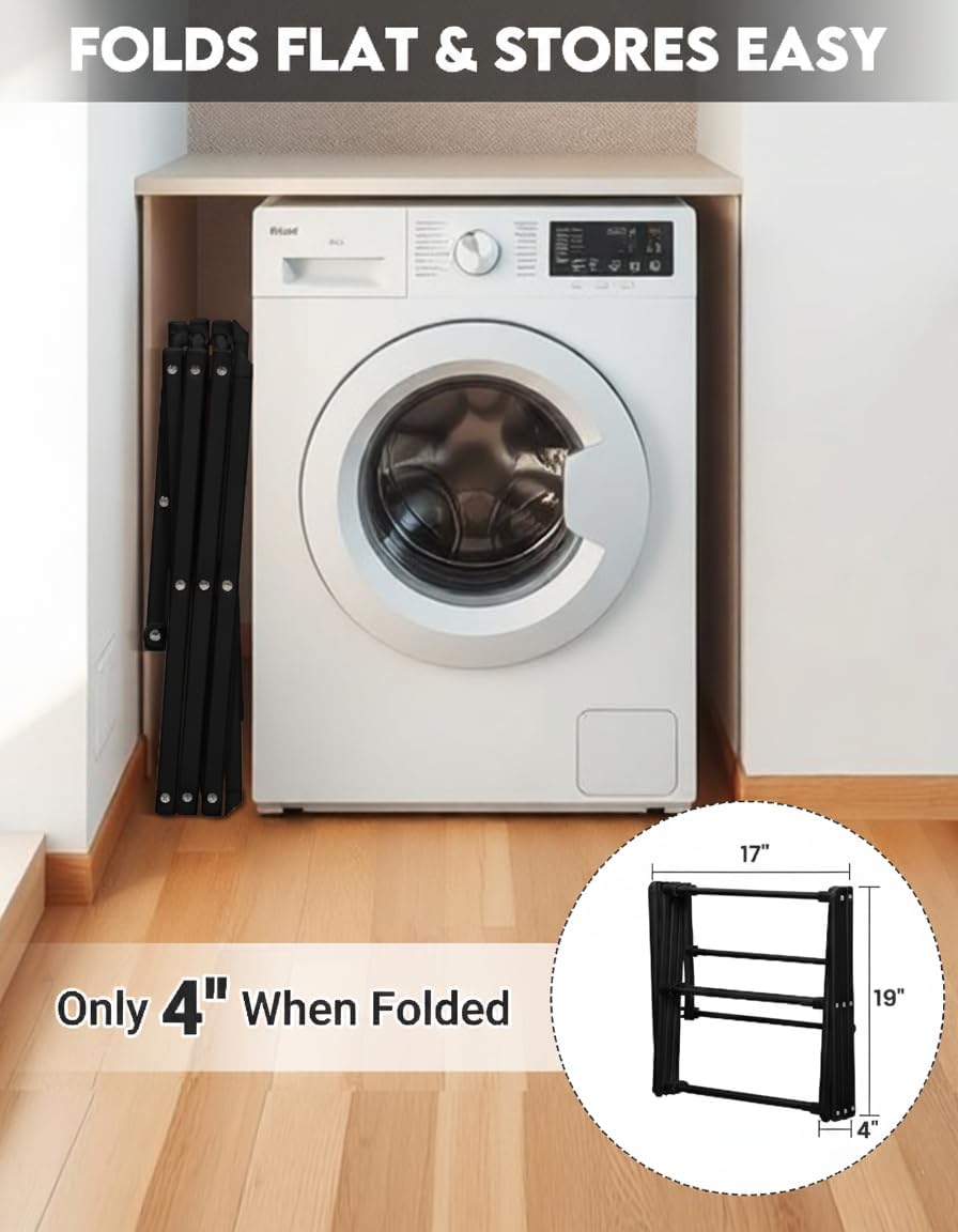 3-Tier Metal Folding Clothes Drying Rack, Laundry Drying Rack Clothing | Collapsible Dryer Racks for Laundry | Indoor & Outdoor,Black