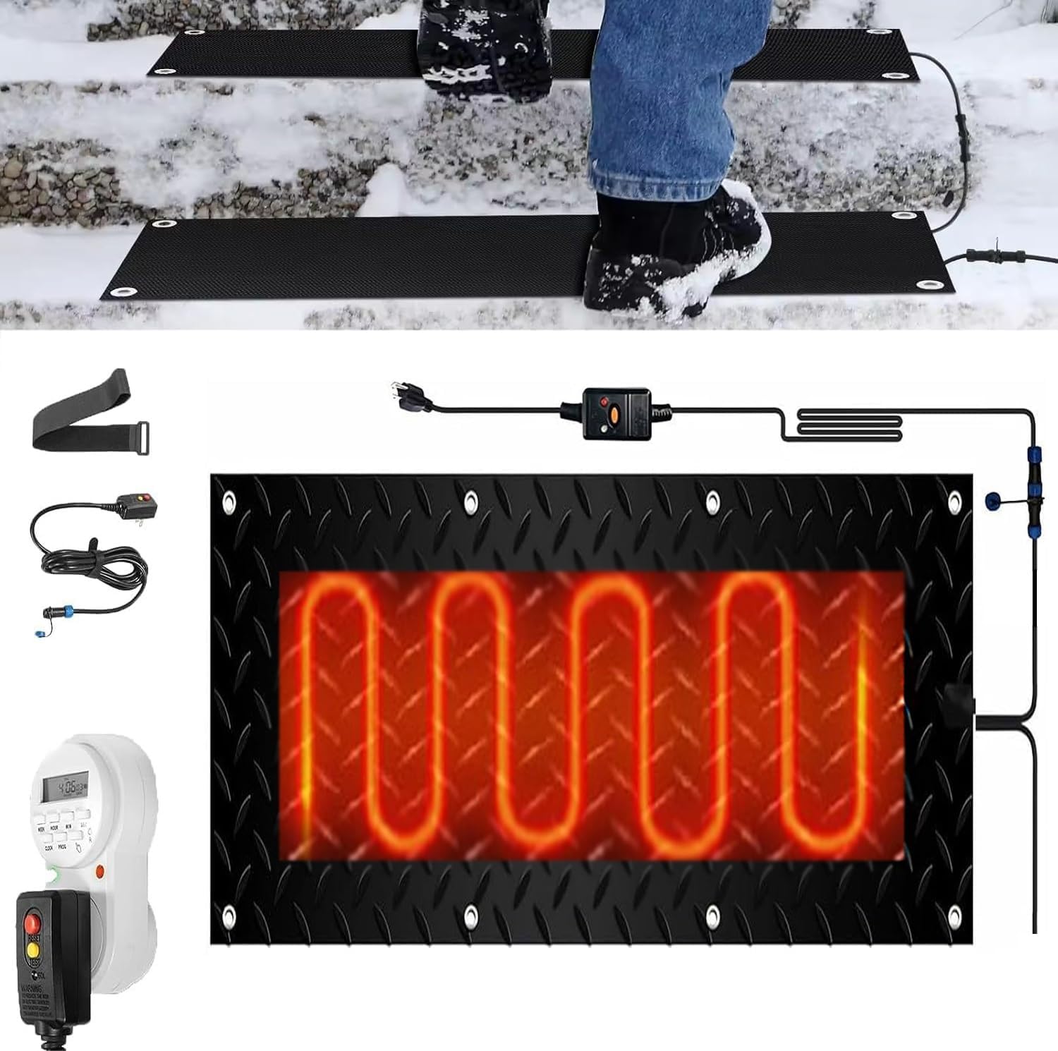 Heated Snow Melting Mats with Timer for Stairs, 1/2/3/4/5 Pcs Non Slip Rubber Heated Mat, Outdoor Mats, Now Winter Removal, No-Slip Stair Heating(1 Pcs,12x36in/(30x90cm))
