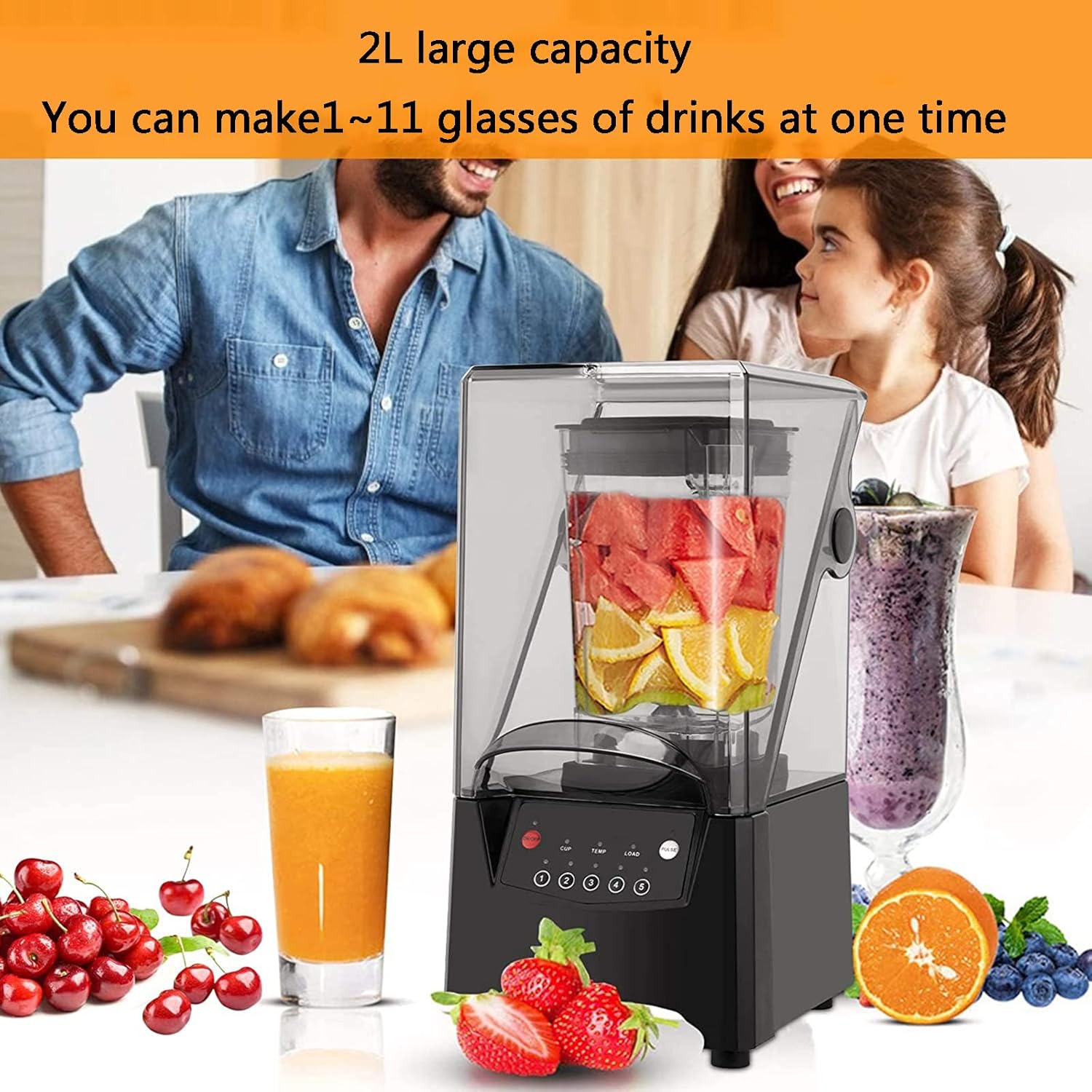 Blender Smoothie Machine, Noise Reduction 2200W 2L Blender and Smoothie Maker, Food Mixer, 2.5MM Blade Ice Crusher with Cover Silent Broken Wall Cooking Machine