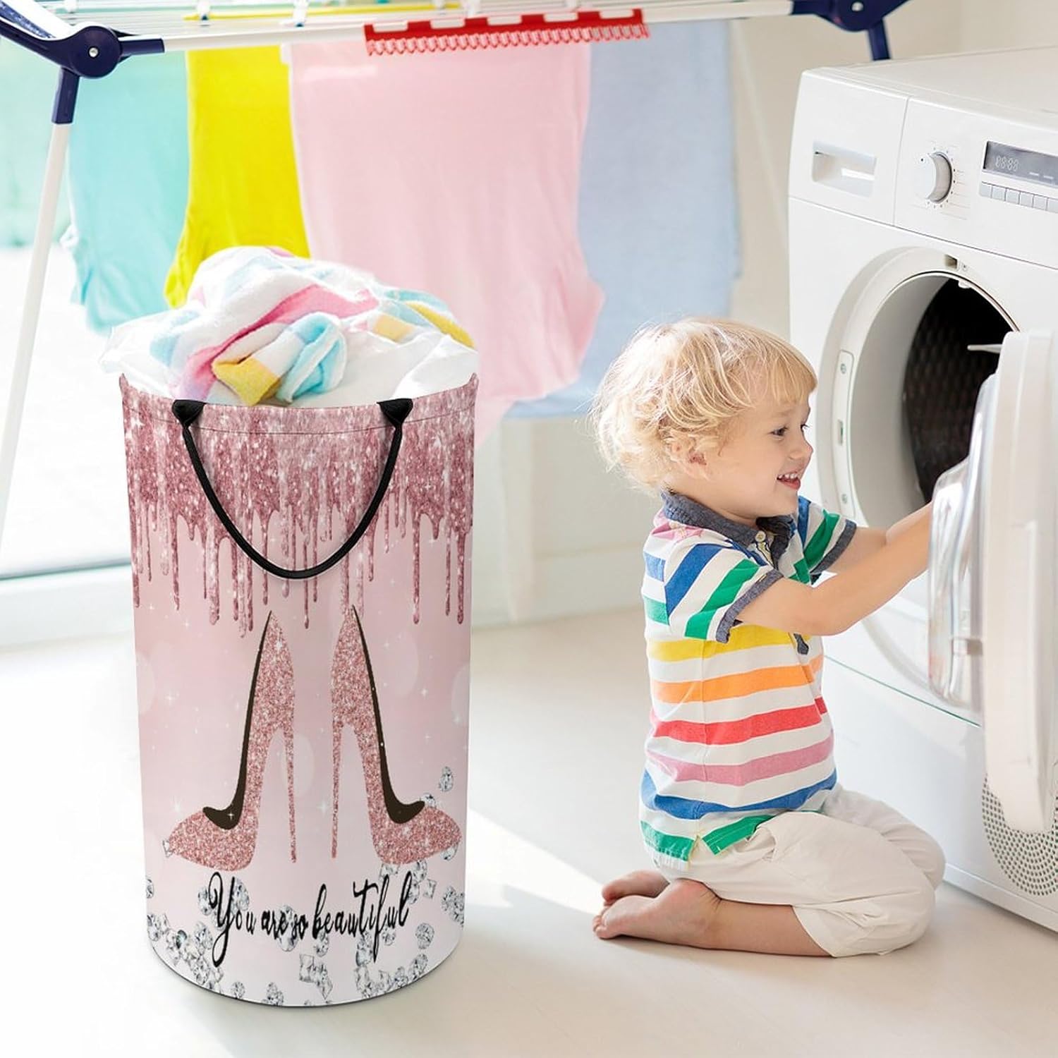 Pink And High Heel Laundry Hamper Dirty Clothes,High Heels Shoe Feminine Glitter Pattern Large Laundry Basket Storage Basket For Bathroom 15.7W