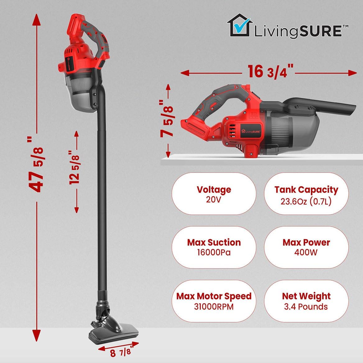 Cordless Handheld Vacuum Cleaner by LivingSURETM Lightweight and Rechargeable Handheld Powerful Vacuum Cleaner with Filter - Battery Not Included