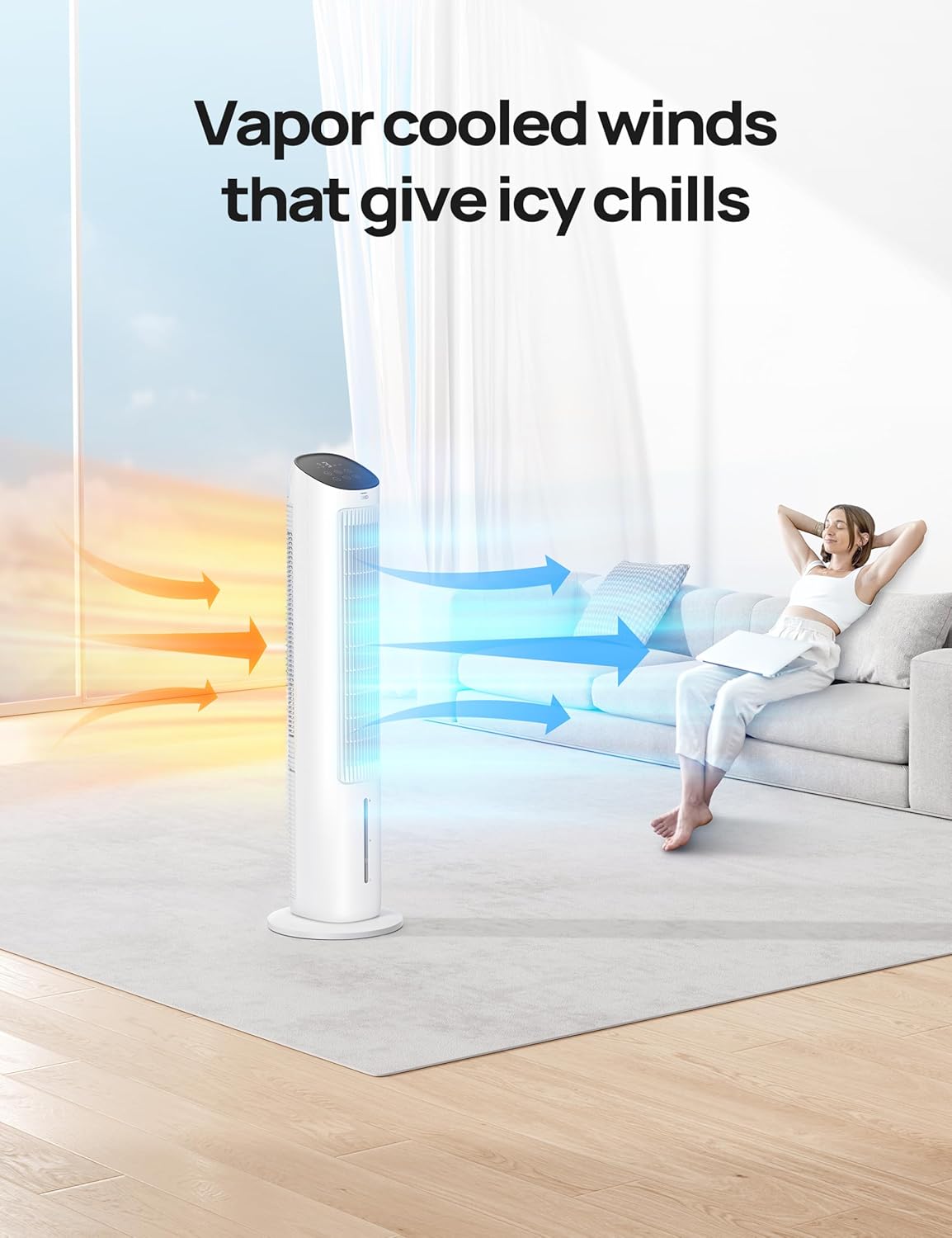 Dreo Evaporative Air Swamp Cooler, 40” Standing Fans that Blow Cold Air, 80° Oscillating Bladeless Cooling Fan for Bedroom, Removable Water Tank, Ice Packs, Remote Control, 4 Speeds, 7H Timer, White