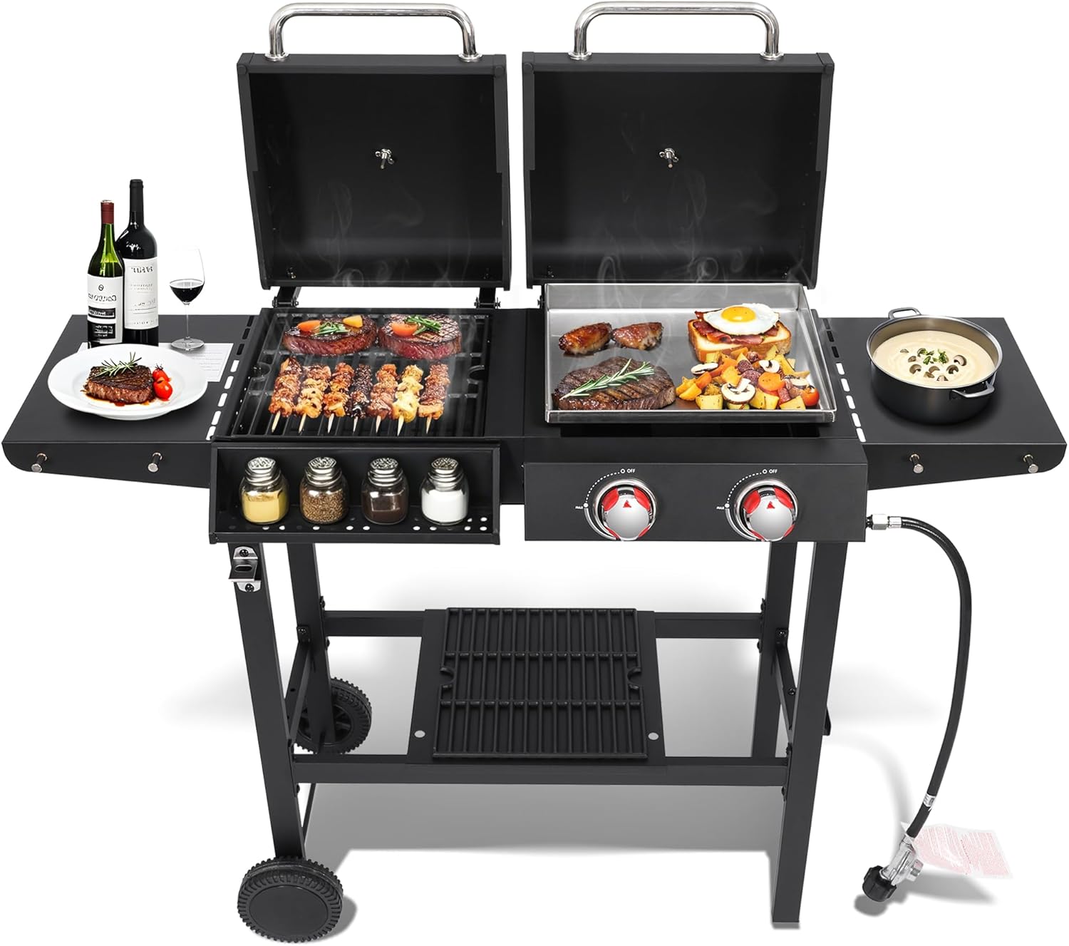 2 Burner Propane Gas & Charcoal Combo Grill with Griddle, 19100 BTU Outdoor BBQ Smoker BBQ Grill with Side Table, Cast Iron Grates, Temperature Gauge, Cart with Wheels