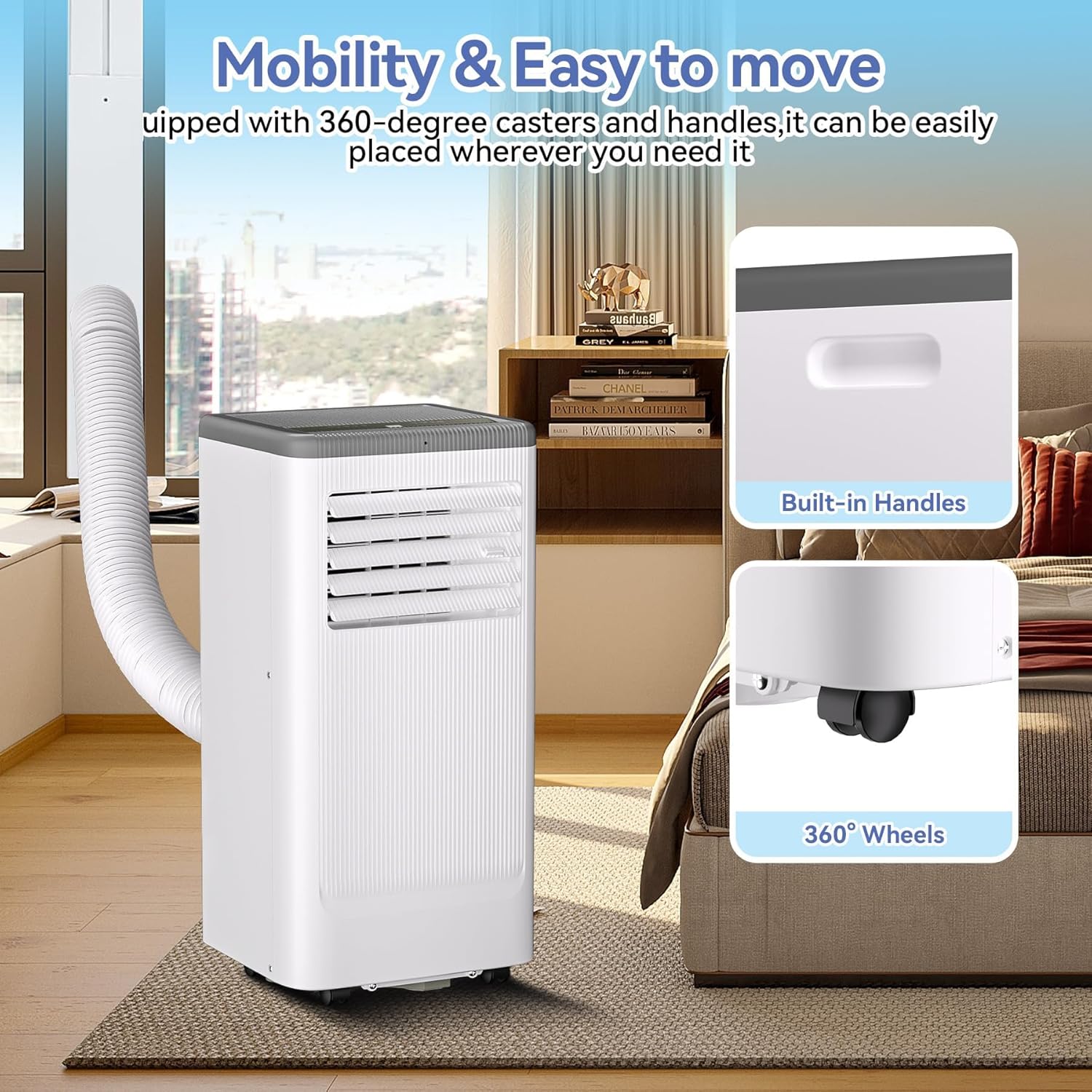 8000 BTU Portable Air Conditioner, Portable AC Unit with Cooling, Dehumidifier and Fan Functions, Cools Up to 420 Sq. Ft., Remote Control, LED Display Included, Gray Top
