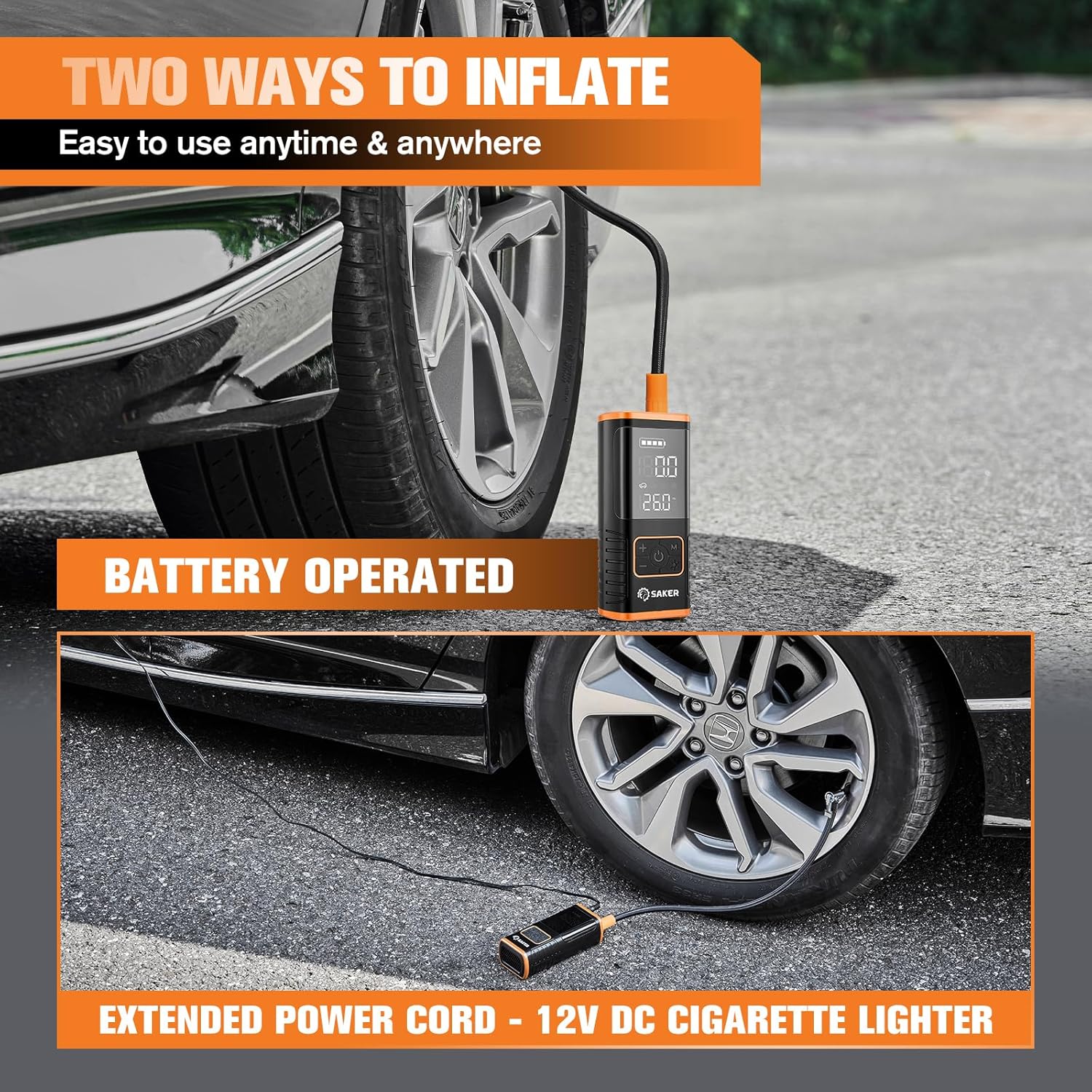 Saker Car Cleaning Combo Kit - 3-in-1 Cordless Handheld Vacuum (15000PA) + 150PSI Smart Tire Inflator with LED Light