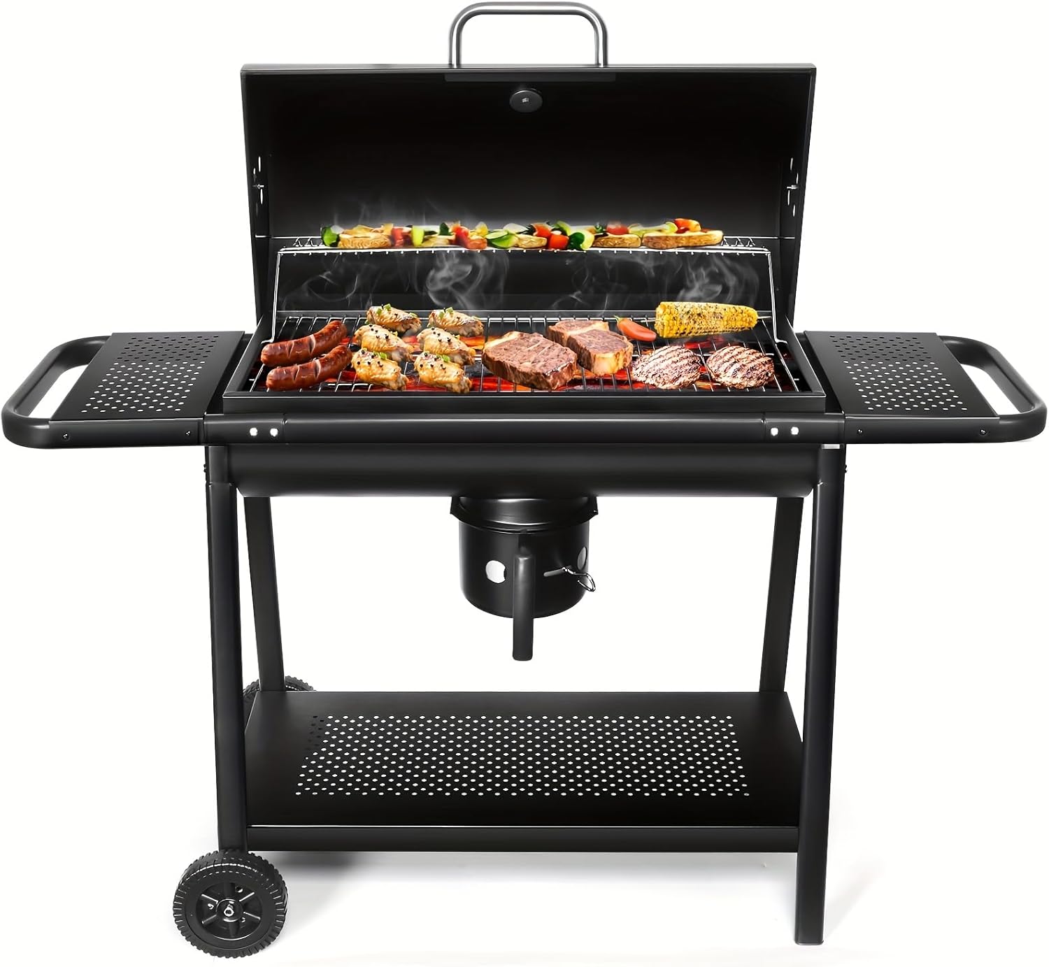 Large Heavy-Duty Offset Smoker Grill with Thermometer - 400-800 Sq In Charcoal BBQ Pit, Dual Cooking Chambers & Warming Rack, Portable Outdoor BBQ Grill for Backyard, Camping, Picnic - Carbon (3)