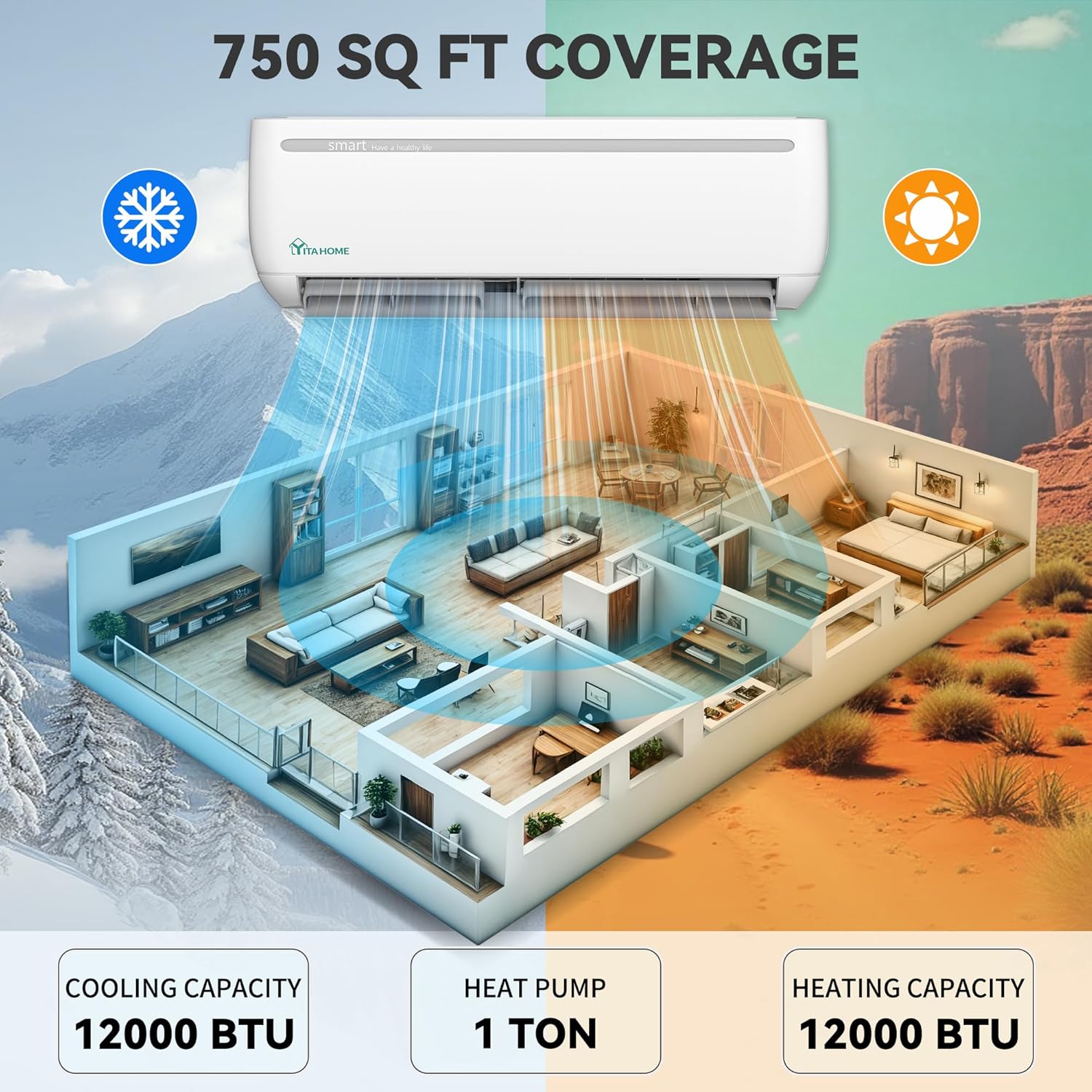 YITAHOME 12000 BTU Mini Split Air Conditioner Heat Pump System, 17 SEER2 208-230V Ductless Inverter System with Wi-Fi & Alexa Compatibility, Cover Up to 750 Sq. Ft, Complete Installation Kit Included