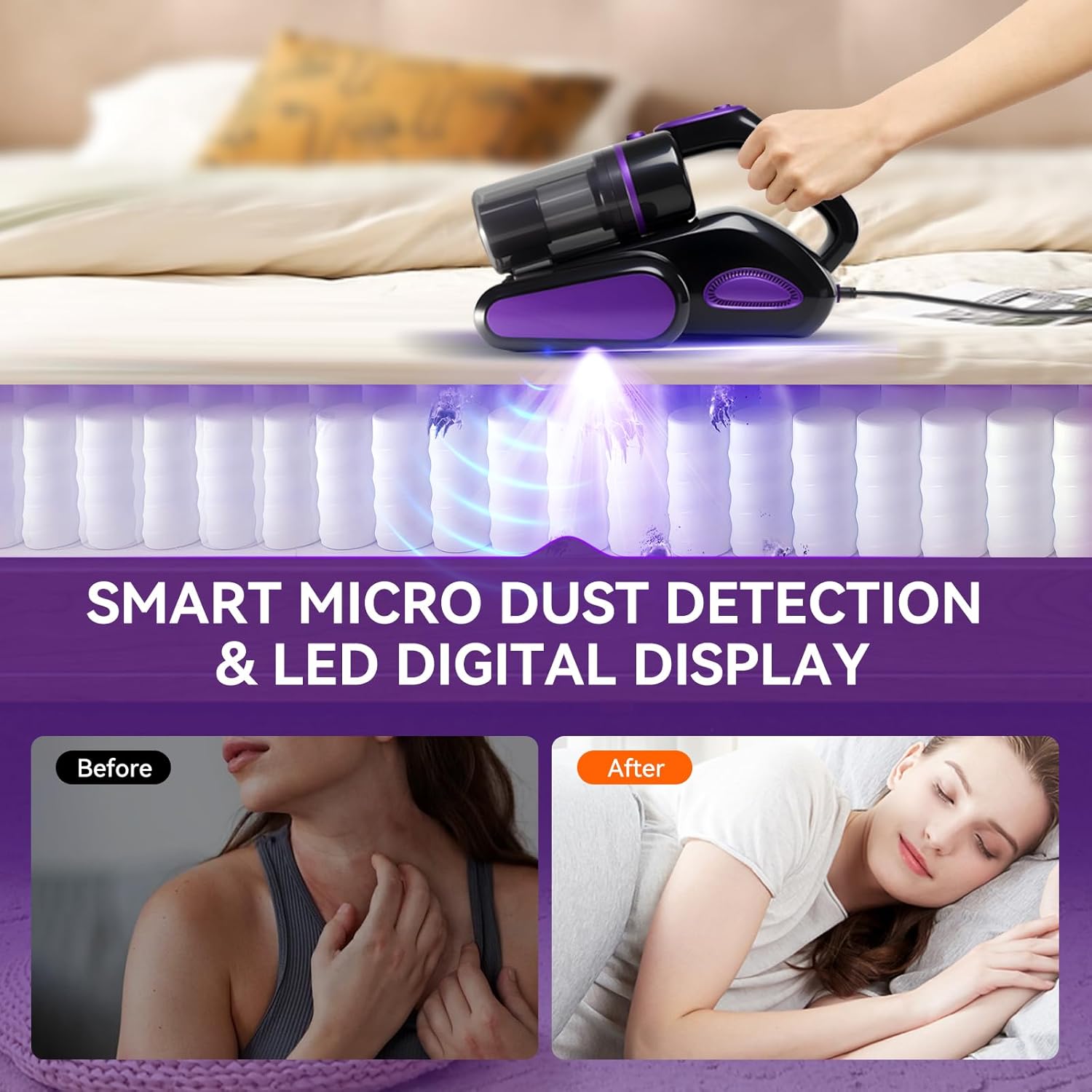 Mattress Vacuum Cleaner, 16KPa Suction Bed/Couch Vacuum, 253.7nm UV-C+140°F Heating+HEPA Filter, 600W Pet Hair Remover for Mattress/Sofa/Crib, Lightweight Corded Deep Cleaner