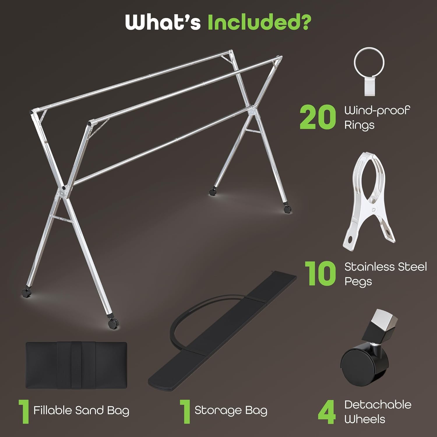 Clothes Drying Rack – 95-Inch Expandable Stainless Steel Laundry Hanger with Wheels Foldable & Heavy-Duty | Indoor Outdoor Use | Includes 20 Windproof Clips + 10 Large Pegs