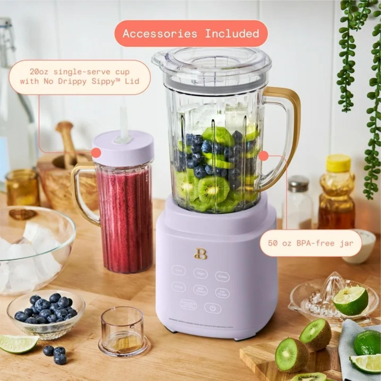 Beautiful PowerExact Blender, PrecisionSense™ Tech, 3 Speeds, 4 Presets, 50oz BPA-Free Jar, 20oz To-Go Cup, No Drippy Sippy™ Lid, Auto-Clean, Dishwasher Safe, Ice Crush & Smoothies (Lavender)