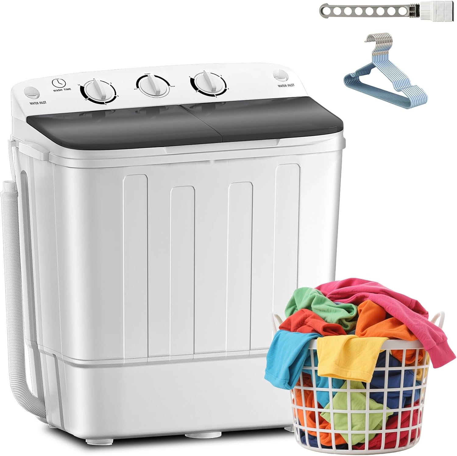Portable Twin Tub 18lbs Washing Machine with Drying Rack and 10 Hangers, 11lbs Washer Mini Compact Laundry Machine with 7lbs Spinner, Semi-automatic Washer Combo for Dorms, Apartment