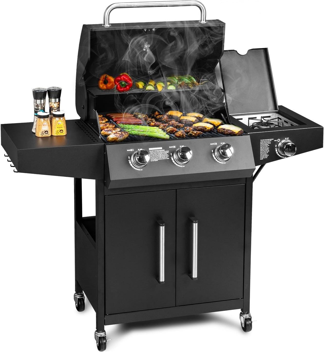 3 Burner Propane Gas Grill with Side Burner 46,000 BTU BBQ Grills with Cabinet