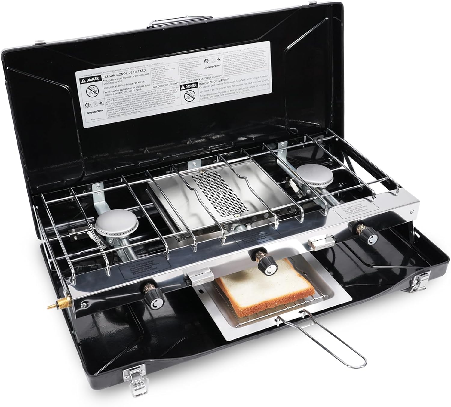 3-Burner Propane Camping Stove - Portable Stove with Adjustable Burners, Wind Guards, Toast Tray, 20,400 BTUs for Camping, Tailgating, BBQ, Picnics