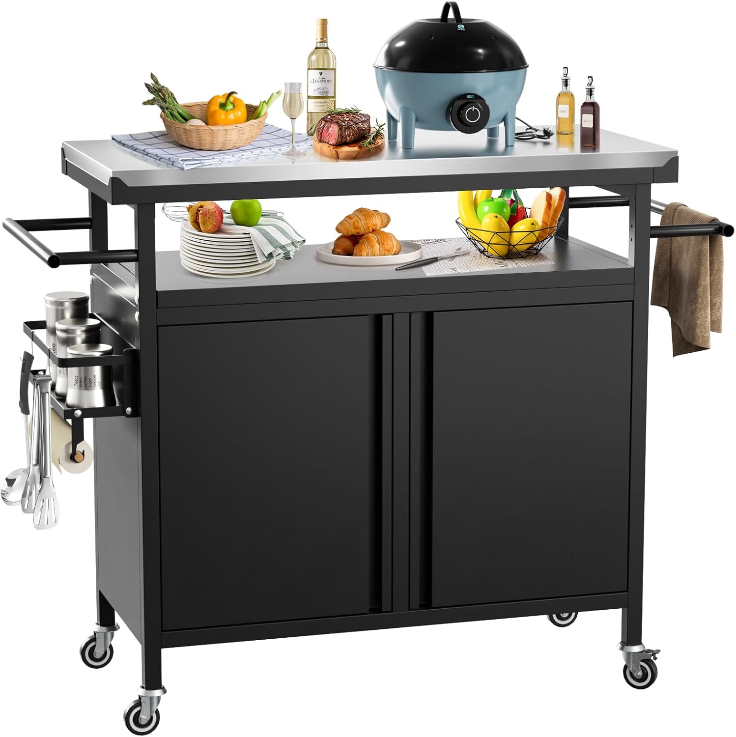Outdoor Grill Cart Bar Cart with Storage Cabinet for Grilling Accessories, XL Portable Outdoor Grill Table with Stainless Steel Top for Kitchen Prep, Lawn & Garden（Black）