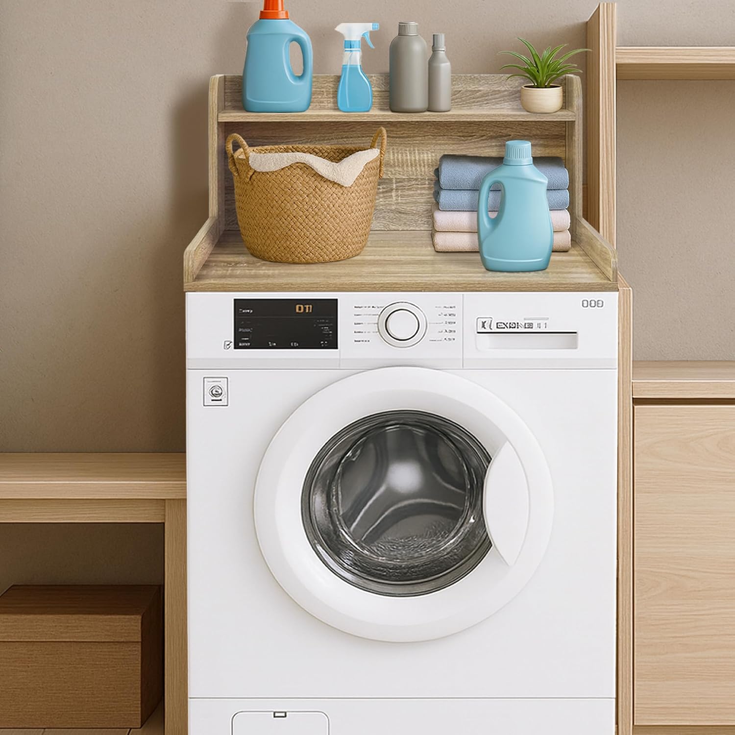 Royxen Washer Dryer Countertop with Shelf,2-Tier Laundry Countertop for Single Washer and Dryer,Soild Wood Core Washer Dryer Topper for Laundry Room Organization(White Oak)