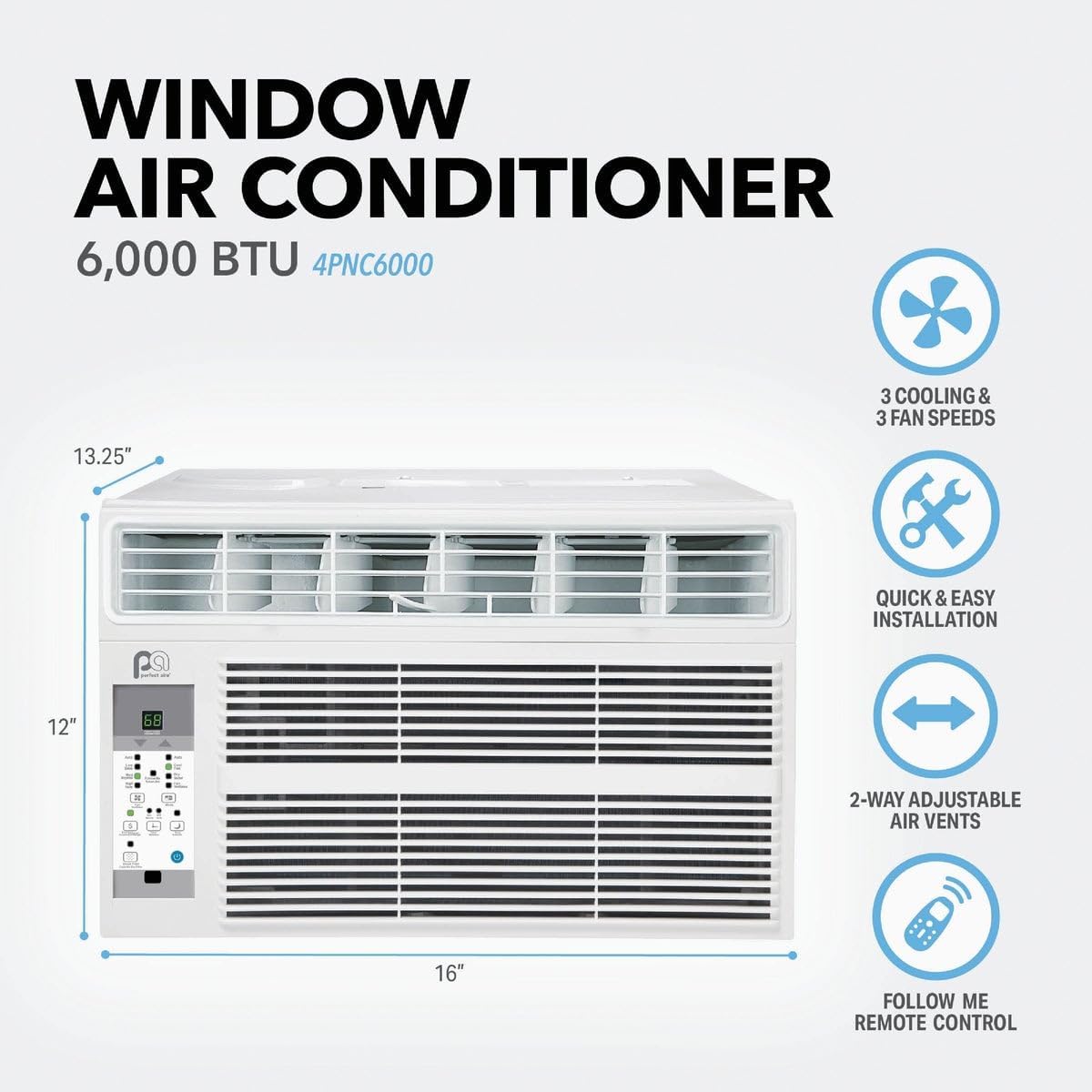 Perfect Aire PAC6000 6000BTU Window Air-Conditioner for Room Size 15.5' x 16', 250 Sq Ft