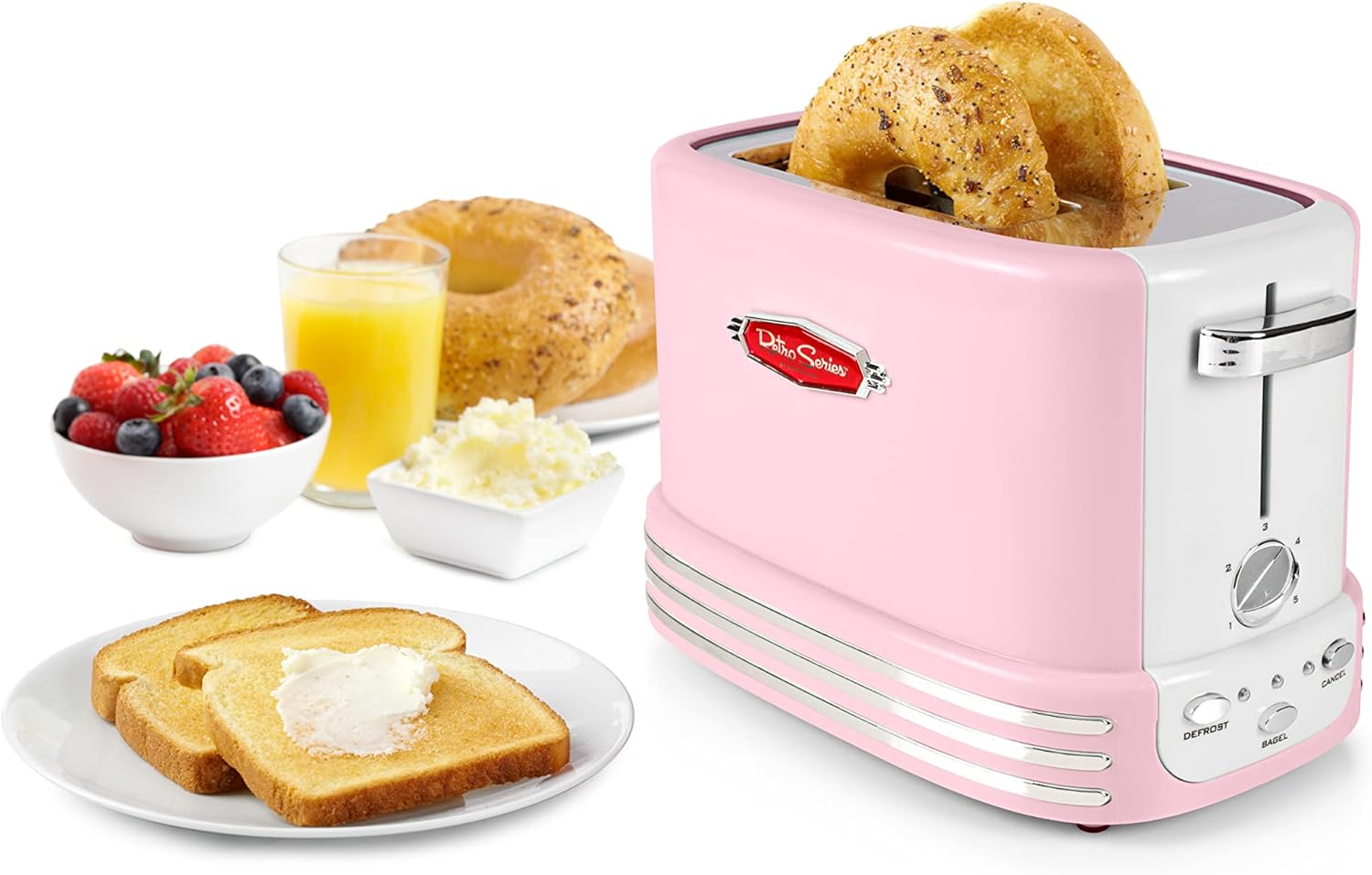 Nostalgia Retro Countertop Microwave Oven - Large 800-Watt - 0.9 cu ft - 12 Pre-Programmed Cooking Settings - Digital Clock - Kitchen Appliances - Pink & Retro Wide 2-Slice Toaster, Vintage Design