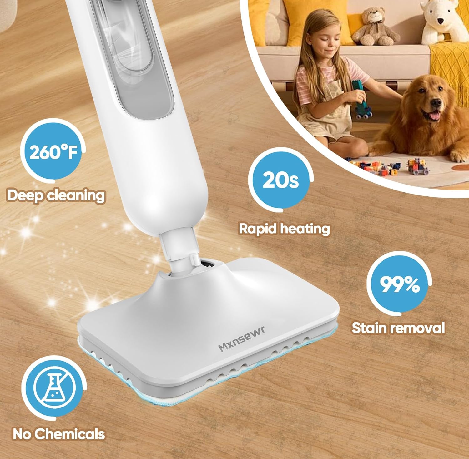 Steam Mop All-in-one Multi-Functional Powerful Steam Cleaner, Handheld Detachable Floor Steamer with 2 Steam Level, 380ML Water Tank & 23FT Power Cord for Floor Cleaning and Home Use
