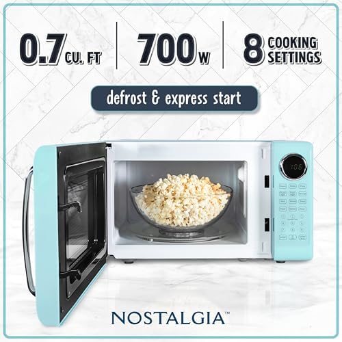 Nostalgia Retro Microwave Oven - 0.7 Cu Ft, 700-Watt Countertop Size with Glass Turntable, Child Safety Lock, 8 Auto-Cook Programs, Digital Clock - Aqua