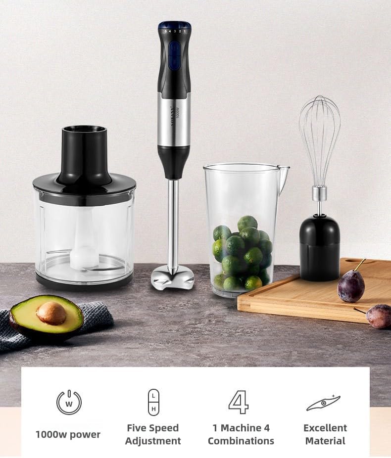 4-in-1 Copper Motor Stainless Steel Blade immersion blender handheld,1000W 5 Speed stand mixer,700ml Beaker,500ml Food Processor, egg beater, baby food maker, meat grinder