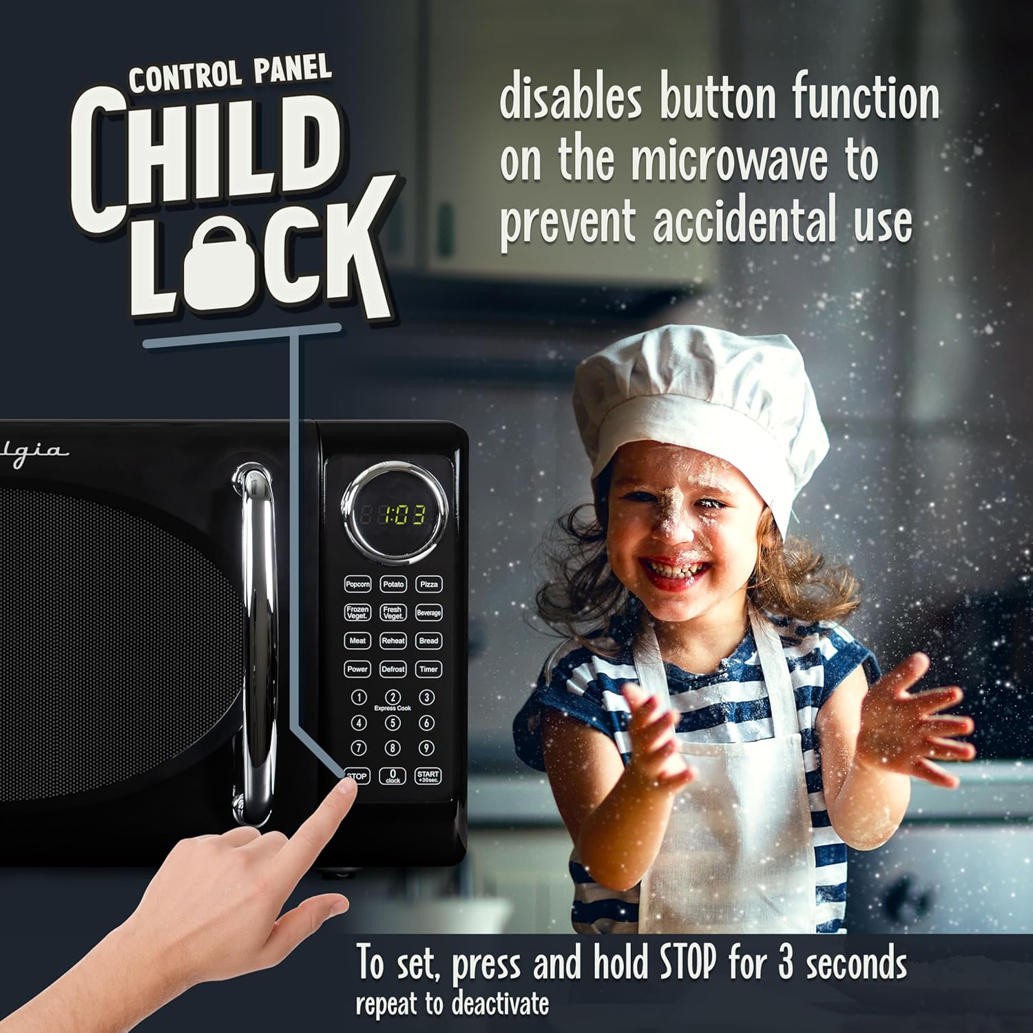 Nostalgia Retro Microwave Oven - 0.7 Cu Ft, 700-Watt Countertop Size with Glass Turntable, Child Safety Lock, 8 Auto-Cook Programs, Digital Clock - Black