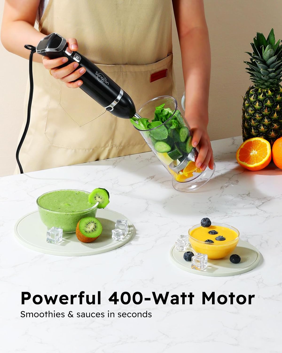 Sangcon Immersion Blender Handheld, 3-in-1 Hand Blender Electric, 400W Handheld Licuadora de mano, Stainless Steel Blade Stick Mixer with Whisk, Milk Frother Attachments - Black