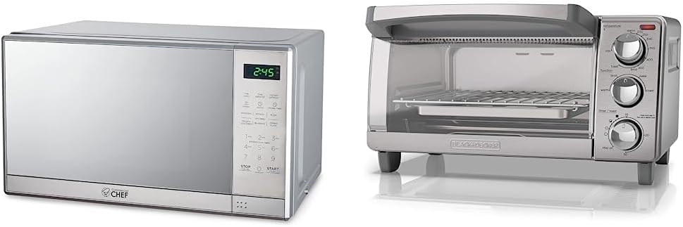 COMMERCIAL CHEF Small Microwave 0.7 Cu. Ft. Countertop Microwave with Digital Display, Stainless Steel Microwave & BLACK+DECKER 4-Slice Toaster Oven with Natural Convection, Stainless Steel