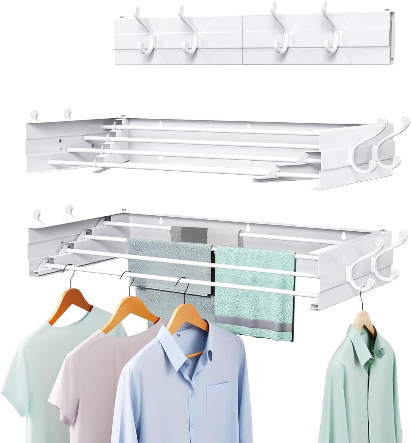 Laundry Drying Rack, Collapsible Wall Mounted Clothes Drying Rack - Foldable,Space Saving, 13.2 Linear Ft, 4 Aluminum Rods, 60 lb Capacity (White, 23.6