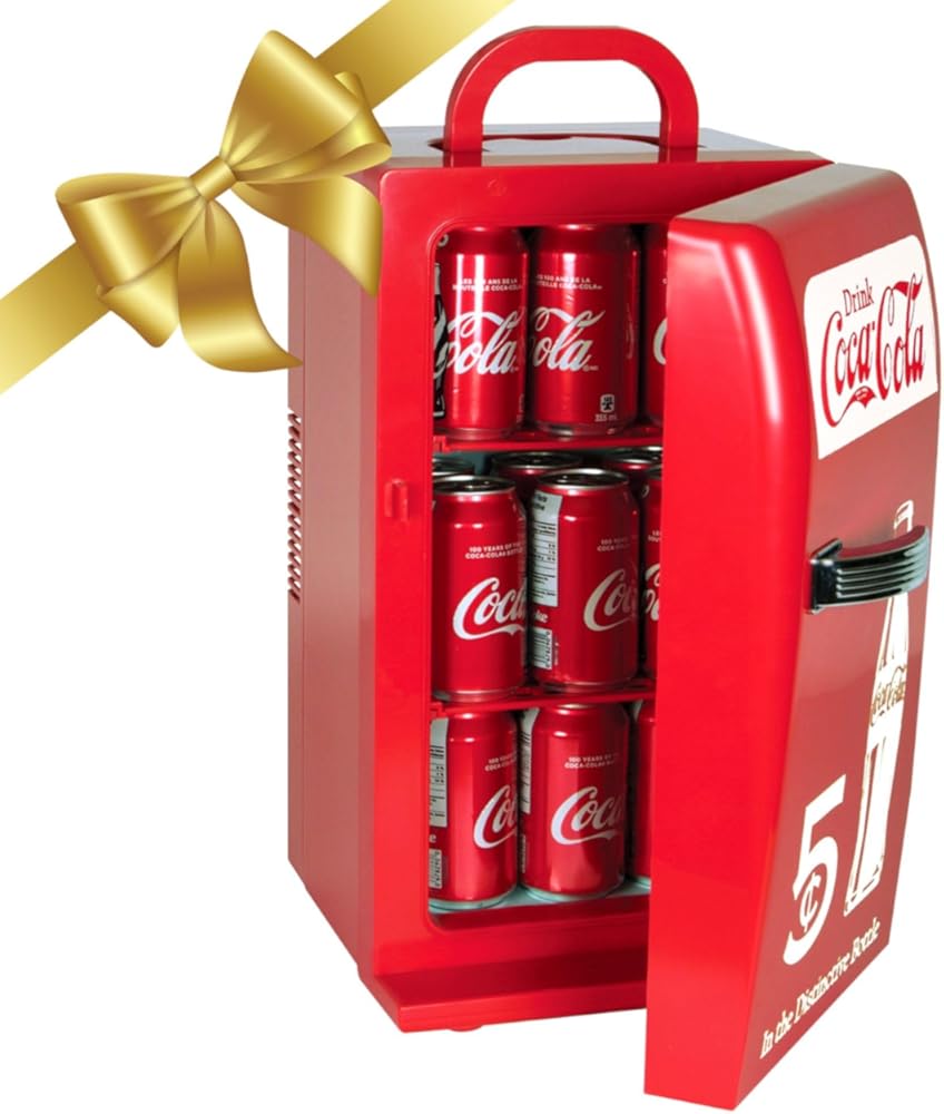 Coca-Cola Retro 18 Can Mini Fridge w/ 12V DC and 110V AC Cords, 22L (23 qt), Portable Cooler, Red, Travel Fridge for Drinks, Snacks, Lunch, Home, Office, Dorm Room, RV
