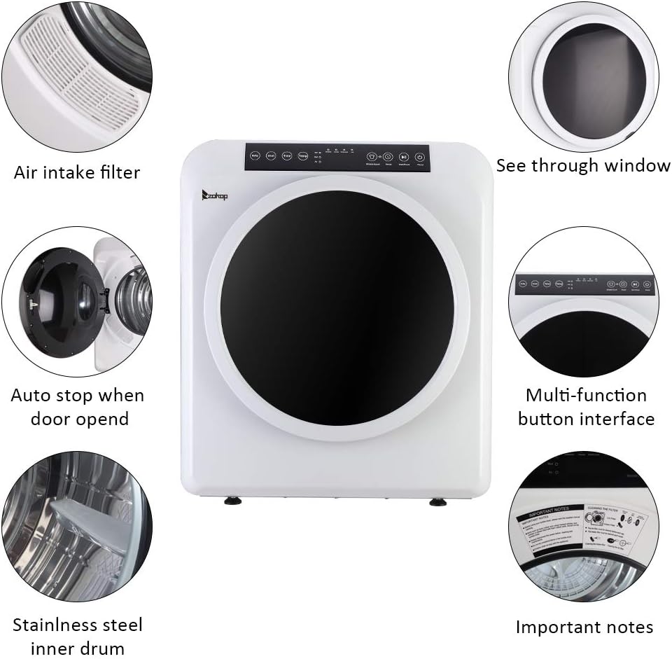 120V Portable Clothes Dryer, High End Laundry Front Load Tumble Dryer Machine with Stainless Steel Tub & Simple Control Knob for Apartment, Dorm-1300W, White