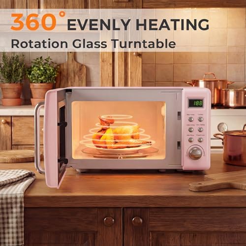 ARLIME Retro Microwave 0.7Cu.ft, 700 Watt Countertop Microwave with 5 Micro Power Defrost & Auto Cooking Function, LED Display, Child Lock, Pink Small Microwave for Kitchen, RV, Dorm