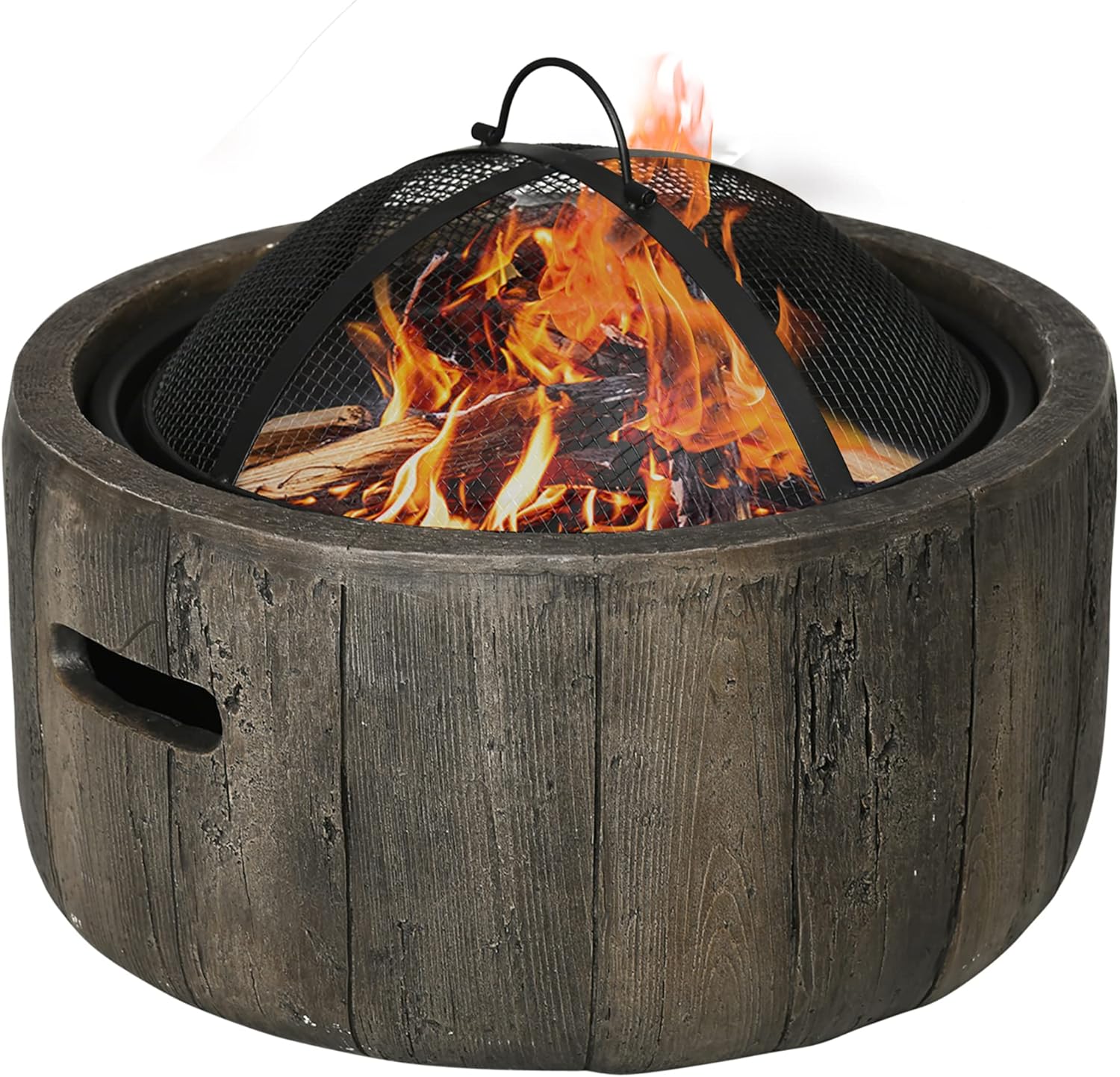 Outsunny Outdoor Fire Pit, 18 Inch Metal Wood Burning Fireplace with Spark Cover, Poker, Woodgrain Design for Patio, Picnic, Backyard, Dark Brown