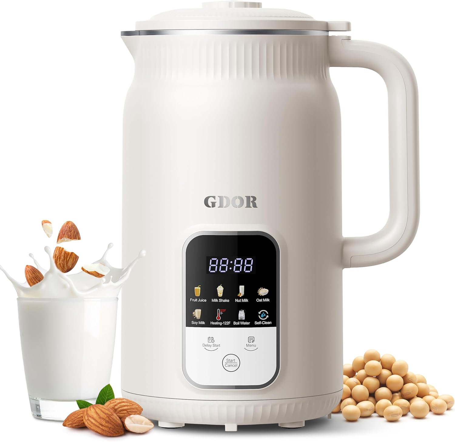 GDOR 35oz Nut Milk Maker, 9-in-1 Plant Milk Machine for Homemade Almond/Oat/Soy, Juice & Smoothie, Blender with 12 Stainless Steel Blades, Keep Warm, 12H Delay, Boil Water and Self-Cleaning