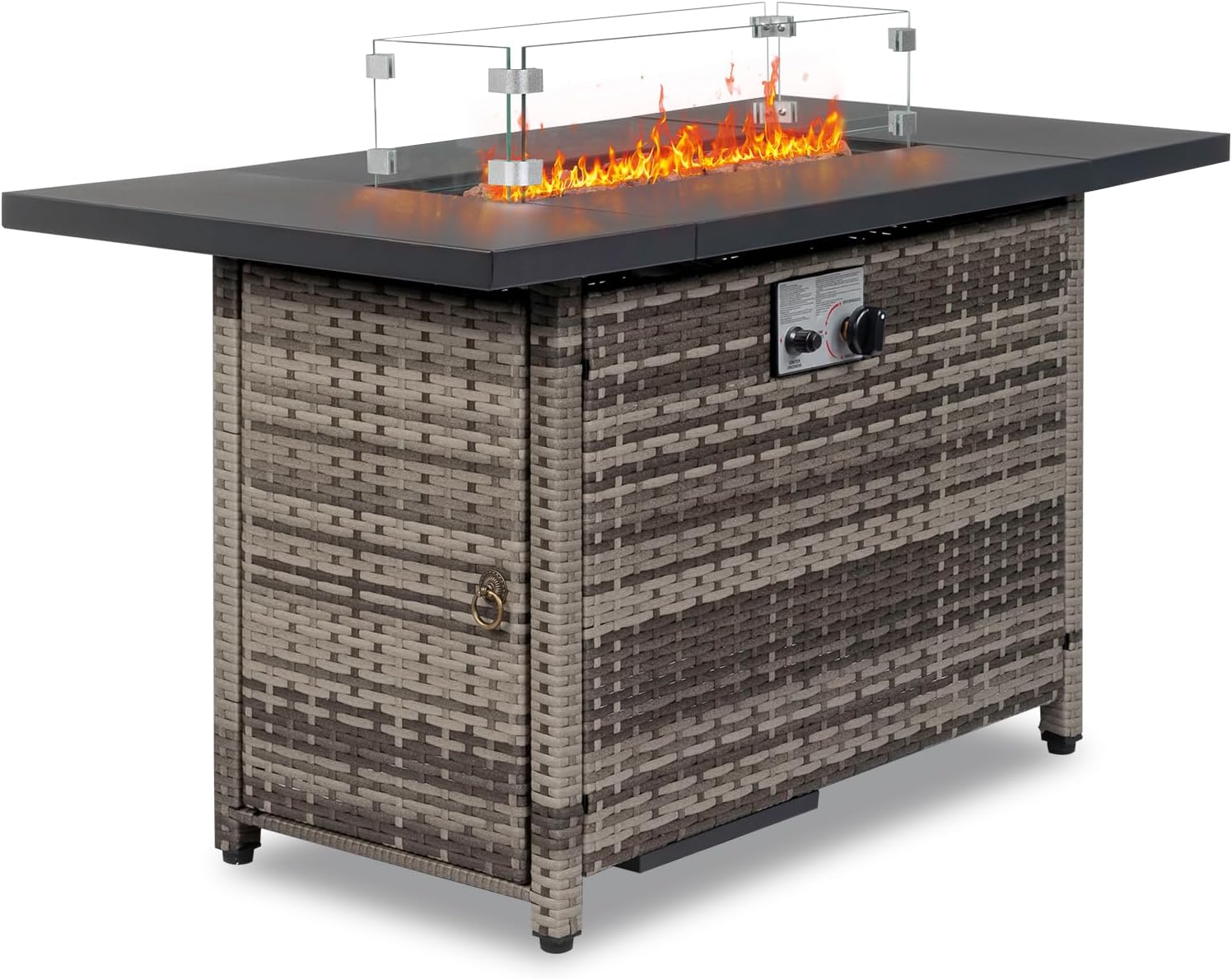 Outdoor Gas Fire Pit Table with Electronic Ignition, Volcanic Stone Fill, Glass Wind Guard and Protective Lid for Patio Use