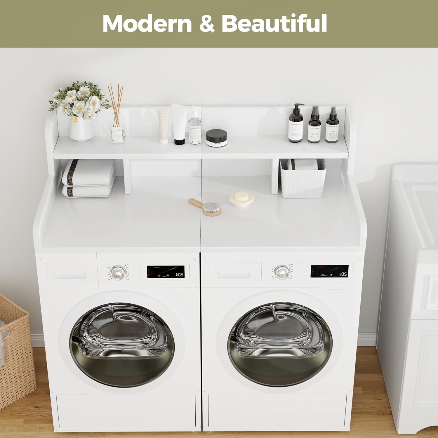 Washer Dryer Countertop, 2-Tier Laundry Countertop Over Washer and Dryer with Edge Rails & Non-Slip Pads, 54