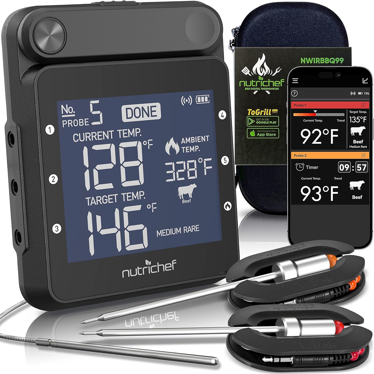 NutriChef Smart BBQ Thermometer - Rechargeable Dual Probe System with WiFi & Bluetooth for Precise Grilling, Easy-to-Read Digital Display, Compatible with Any Smartphone for Outdoor Barbecue & Smoker