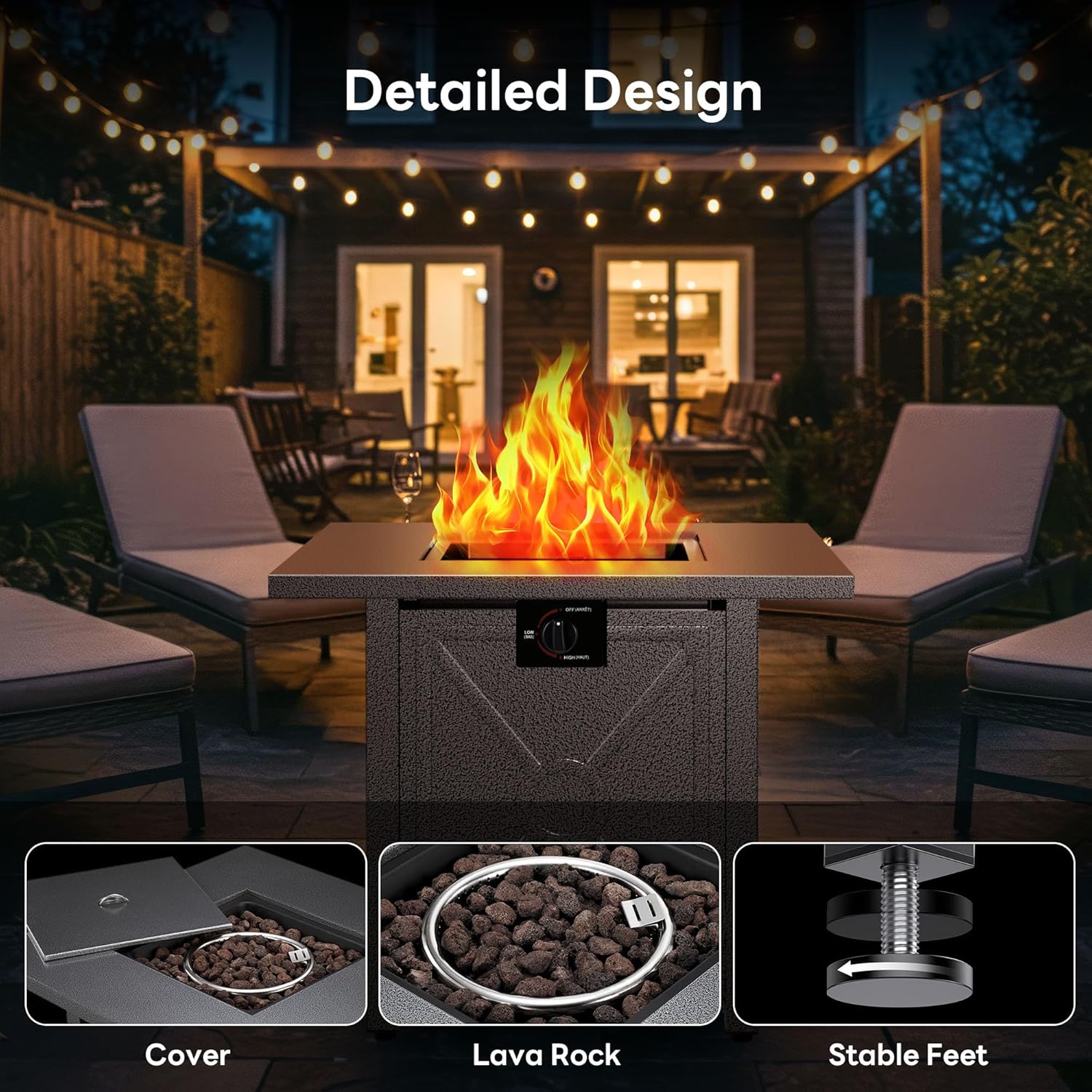 28 Inch Propane Fire Pit Table, 3-in-1 Multi-Use 50,000 BTU Square Gas Fire Pit with Lid & Lava Rock, Steel Tabletop, Adjustable Flame, for Patio, Backyard, Deck, Outdoor Gatherings