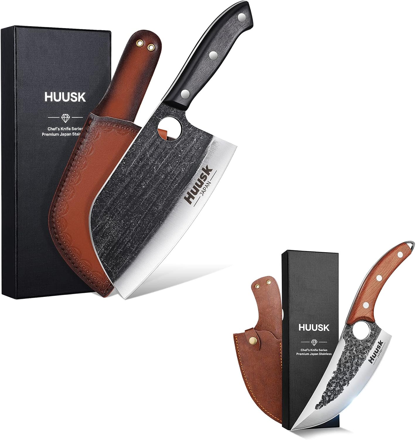 Huusk Japan Knife, Upgraded Chef Knives Bundle with Serbian Knife and Hand Forged Butcher knife Sheath Included, Outdoor Camping BBQ Ideal Present Gift