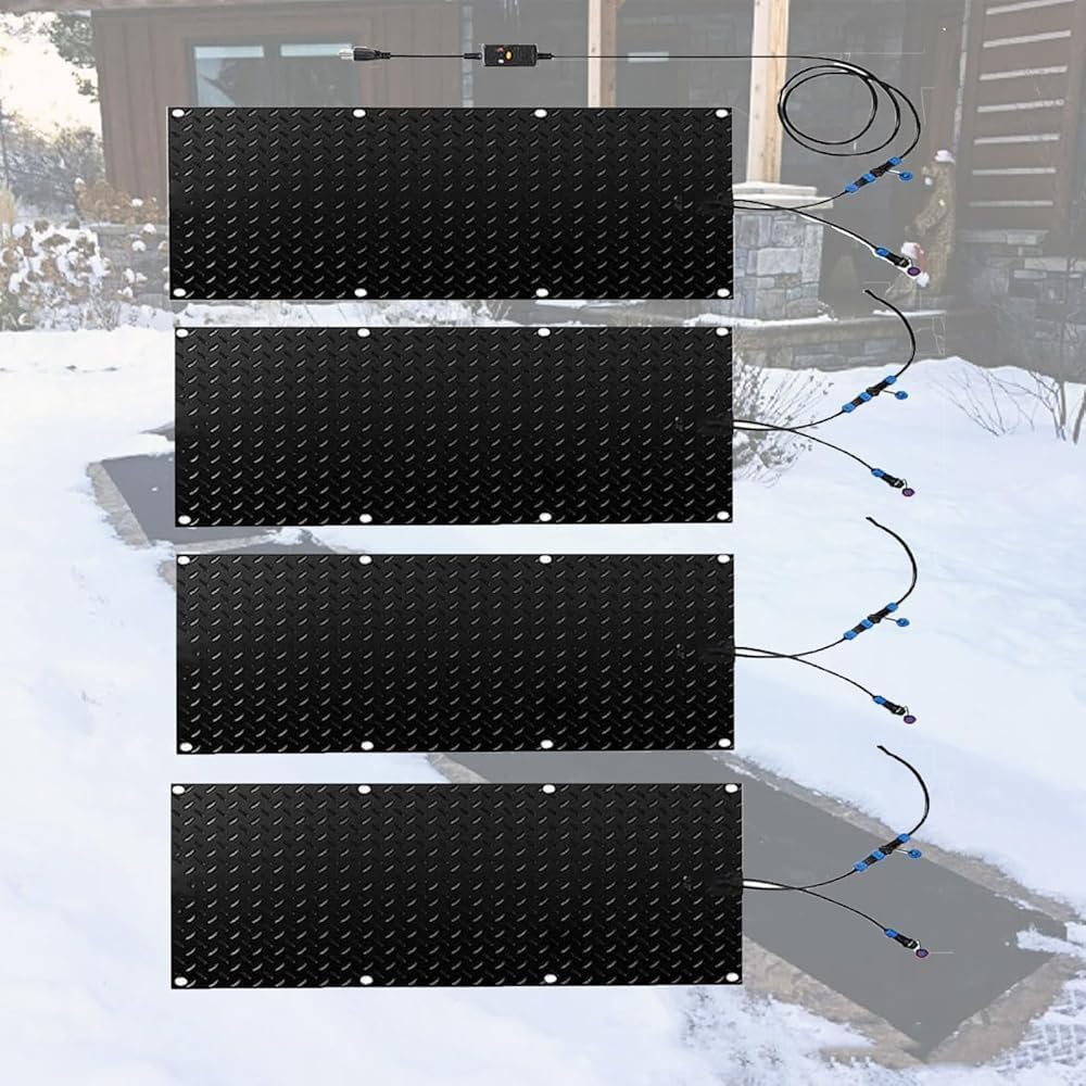 Heated snow melting mat, outdoor stair anti-slip winter de-icing and ice melting product, winter snow and ice melting mat 2 inches/hour fast melting, suitable for winter outdoor stair doorway(4 Pcs,25