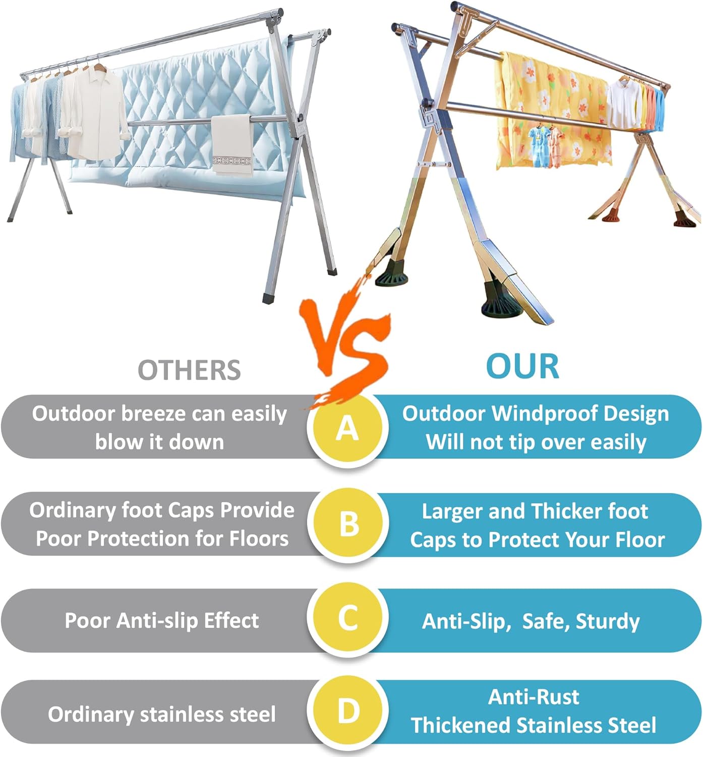 Clothes Drying Rack 95 Inches Folding Indoor Outdoor, Drying Rack Clothing Collapsible Windproof, Foldable Laundry Drying Rack, Heavy Duty Stainless Steel Clothes Rack, Coat rack, 20 Hooks 12 Clips