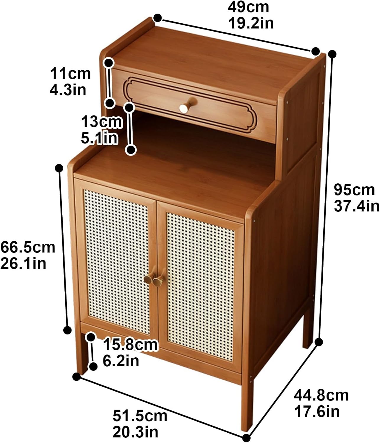 Wooden Robot Vacuum Storage Cabinet with Rattan Door Modern Side Table Storage Cabinet with Drawer End Table Space Saver Open Base for Living Room, Kitchen, Office(Natural)