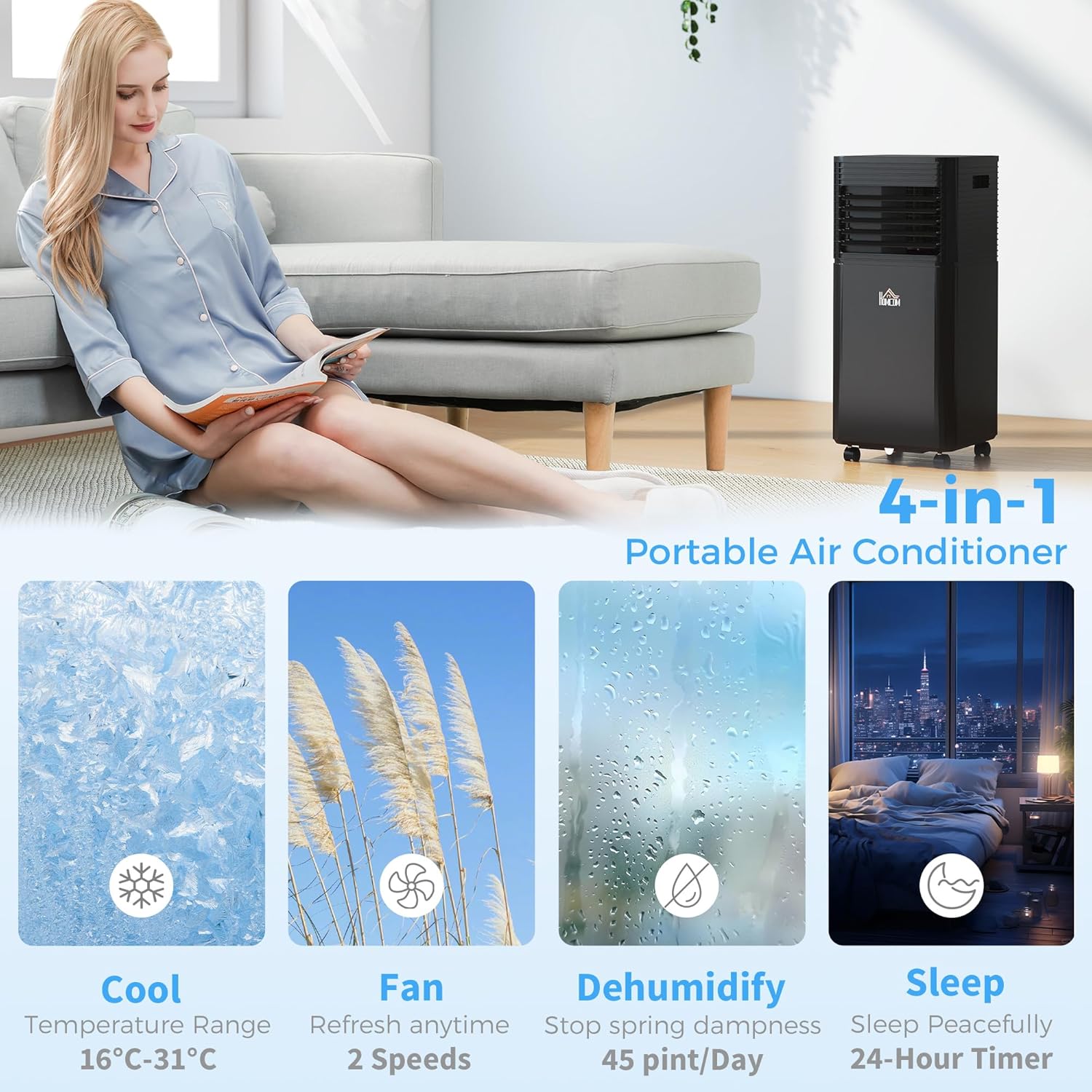 HOMCOM 8000 BTU Portable Air Conditioner for Rooms up to 344 Sq.Ft., 3-in-1 Mobile AC Unit with Dehumidifier, Cooling Fan, Sleep, Remote, 24H Timer, Auto Off, Window Installation Kit, Black