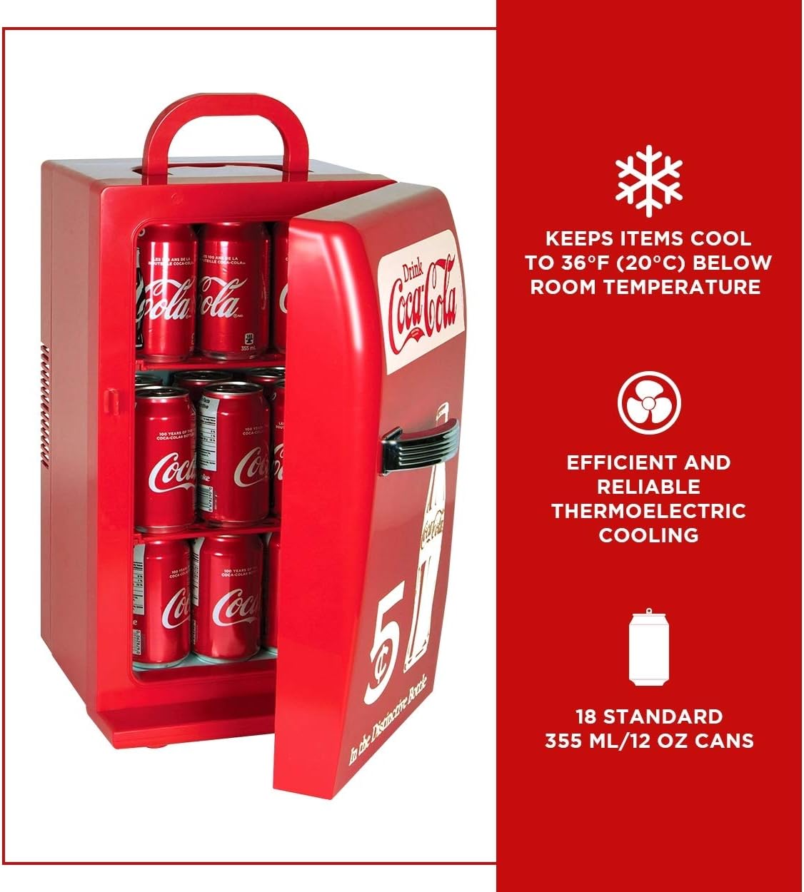 Coca-Cola Retro 18 Can Mini Fridge w/ 12V DC and 110V AC Cords, 22L (23 qt), Portable Cooler, Red, Travel Fridge for Drinks, Snacks, Lunch, Home, Office, Dorm Room, RV