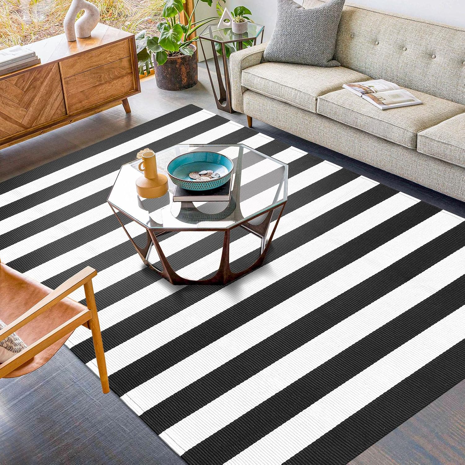 KILOCOCO Black White Striped Rug 5x7 Area Rugs for Living Room Cotton Machine Washable Front Porch Layered Rugs for Patio Farmhouse Bedroom Kitchen Laundry Room