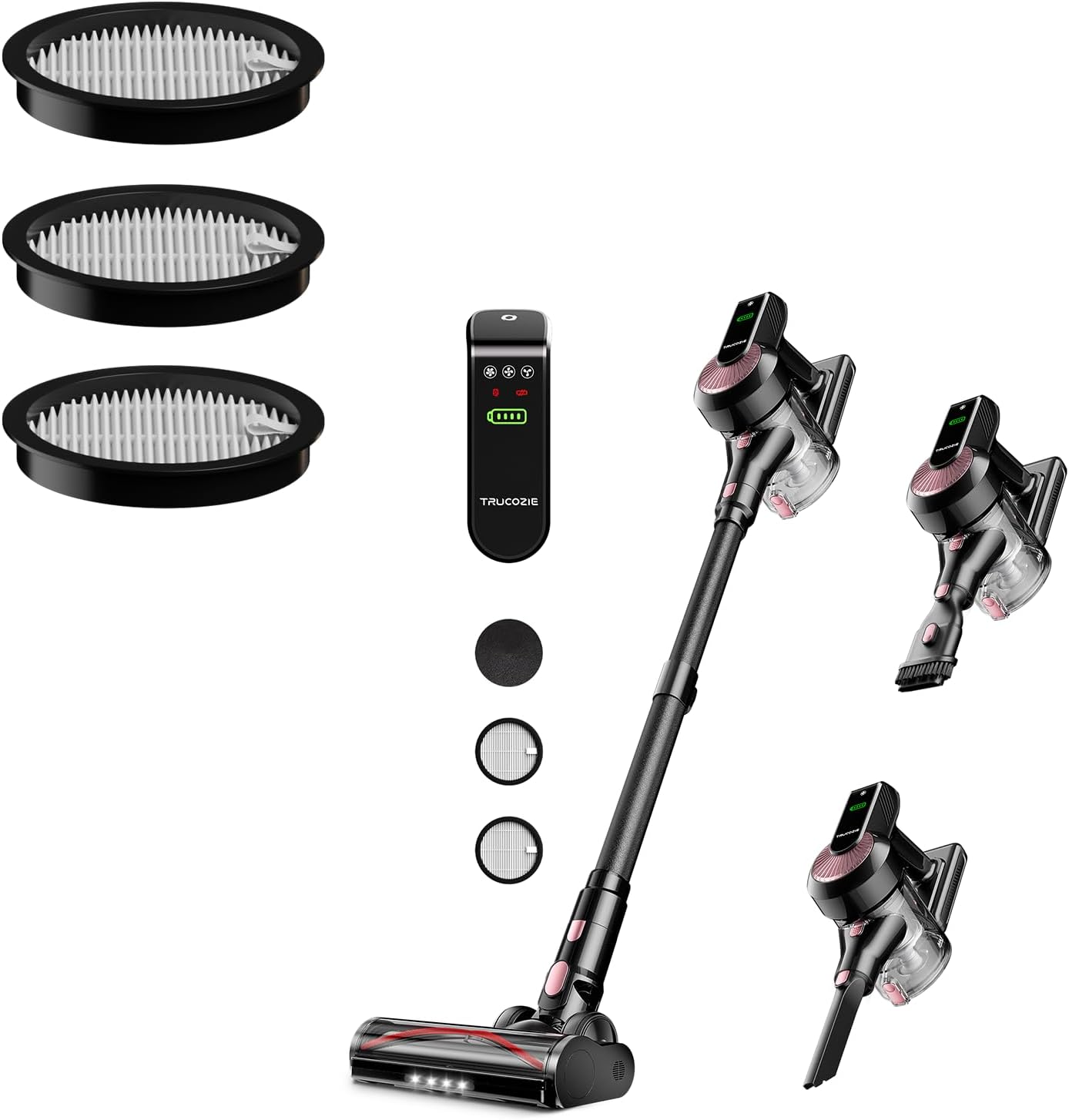 Trucozie Cordless Vacuum Cleaner T351 Black, Self-Standing Lightweight Stick Vacuum with 45mins Runtime and 3 Pack Hepa Filter Bundle