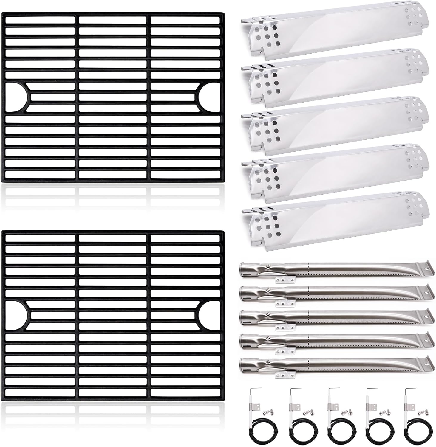 Adviace Grill Replacement Parts for Nexgrill 5 Burner 720-0888N, 720-0888, 4 Burner 720-0830H, 17 Inch Cast Iron Cooking Grates, Stainless Steel Burners Tubes, Heat Plate Shields, Electronic Ignitors.