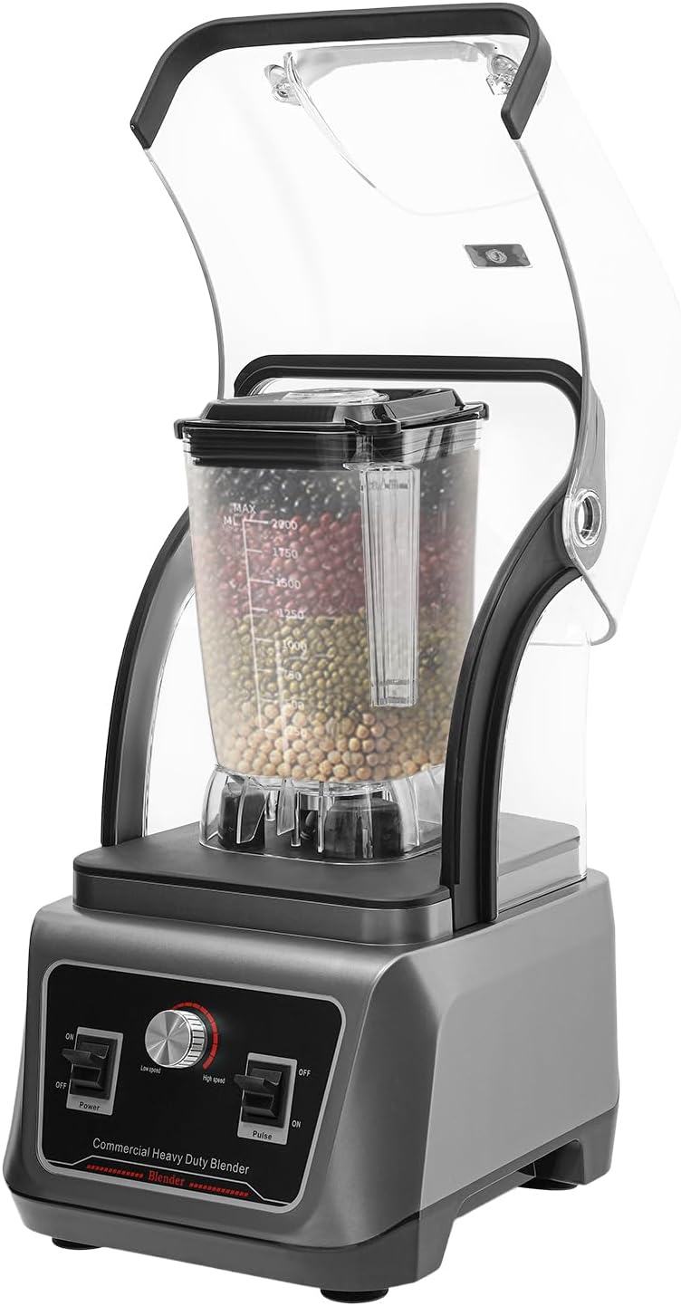 2200W Commercial Blender with Soundproof Cover, 2L (67.6oz) High-Speed Blender, 23,000 RPM, 6 Stainless Steel Blades, Stepless Speed Control – Ideal for Smoothies, Juices, Nut Butter