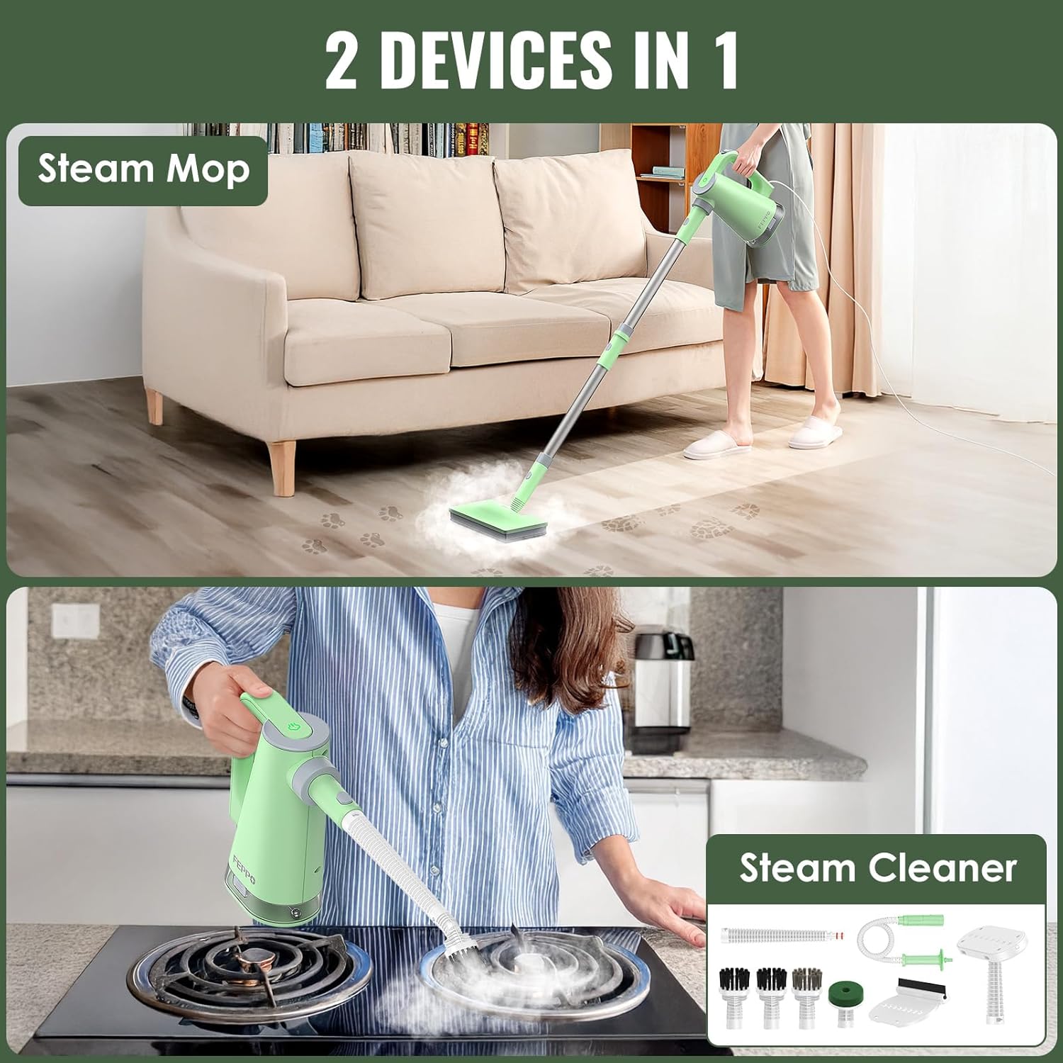 FEPPO 2-in-1 Steam Mop & Handheld Cleaner Bundle with 10-in-1 Accessories & 6 Washable Pads (Includes 4 Extra Pads) - 1300W Powerful Steamer for Floors, Hardwood, Tile, Grout, Windows, Kitchen, Bath