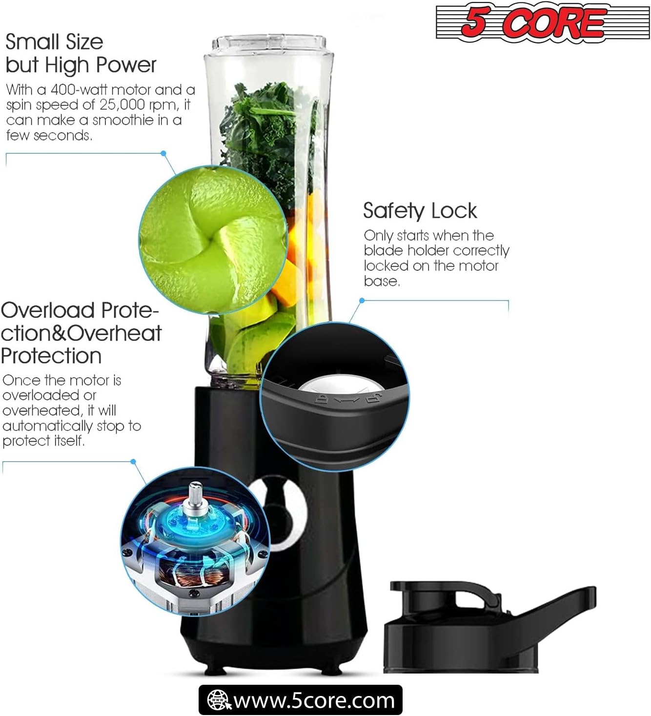 5 Core Smoothie Blender for Shakes and Smoothies, 500ml Powerful 160W Personal Blender & Smoothie Maker with Portable Bottle BPA Free 18 Oz, 4 Stainless Steel Blade, Blenders For Smoothie 5C 421